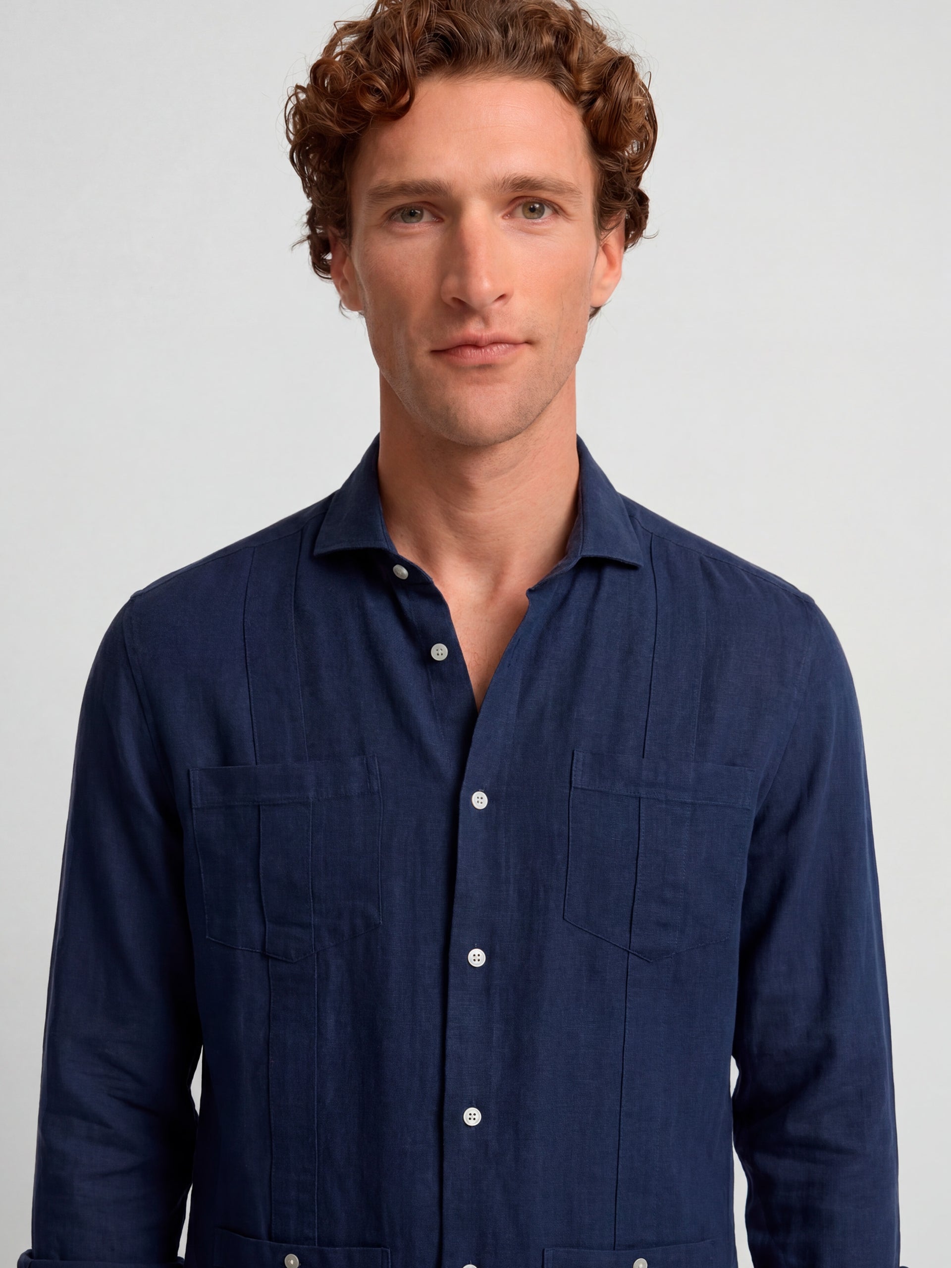 Navy linen sport guayabera