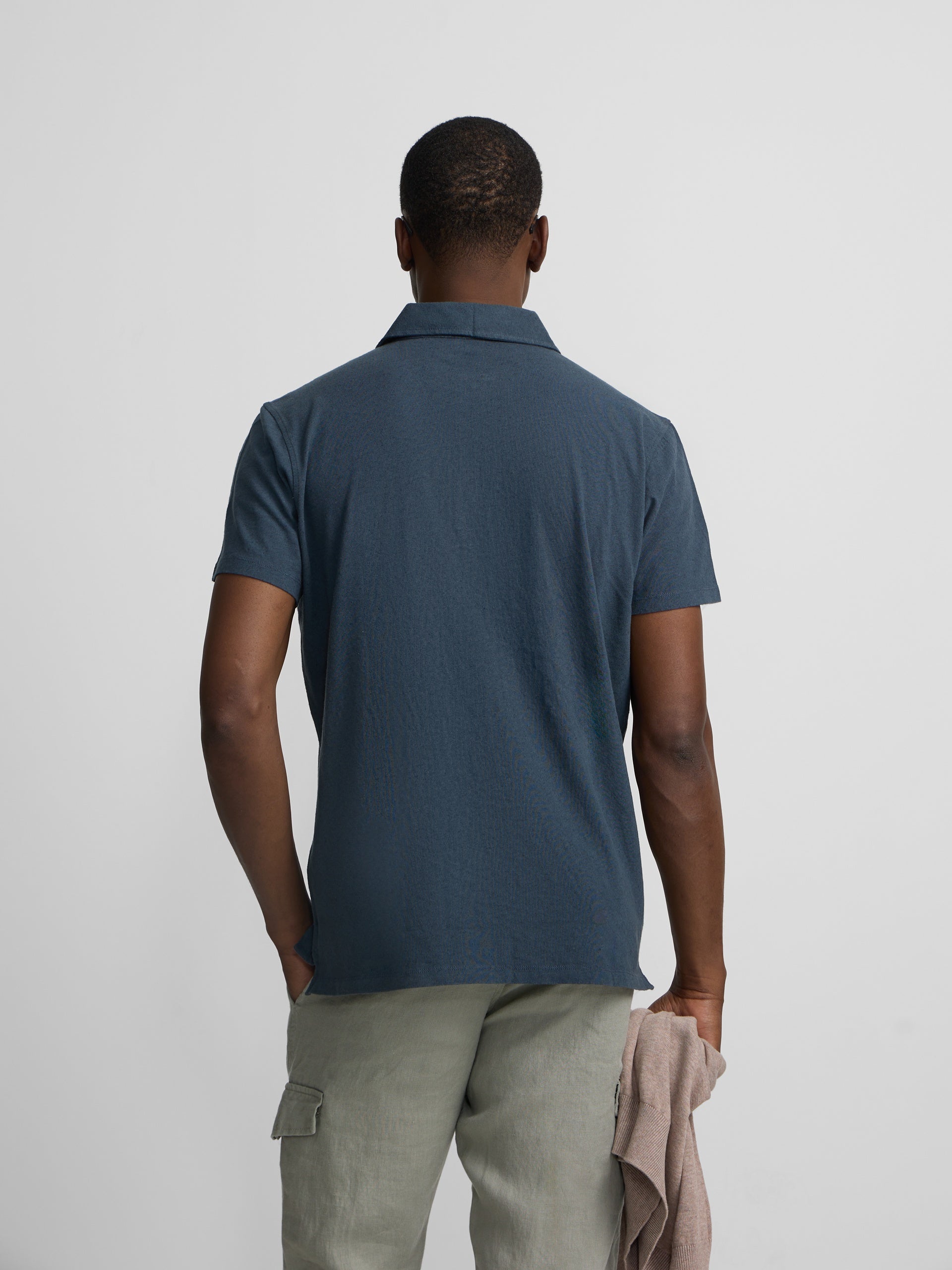 Navy blue long placket linen polo