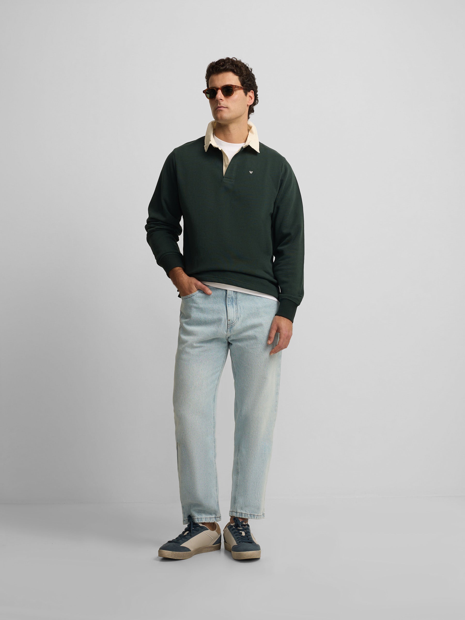 Sudadera cuello polo basica verde oscuro
