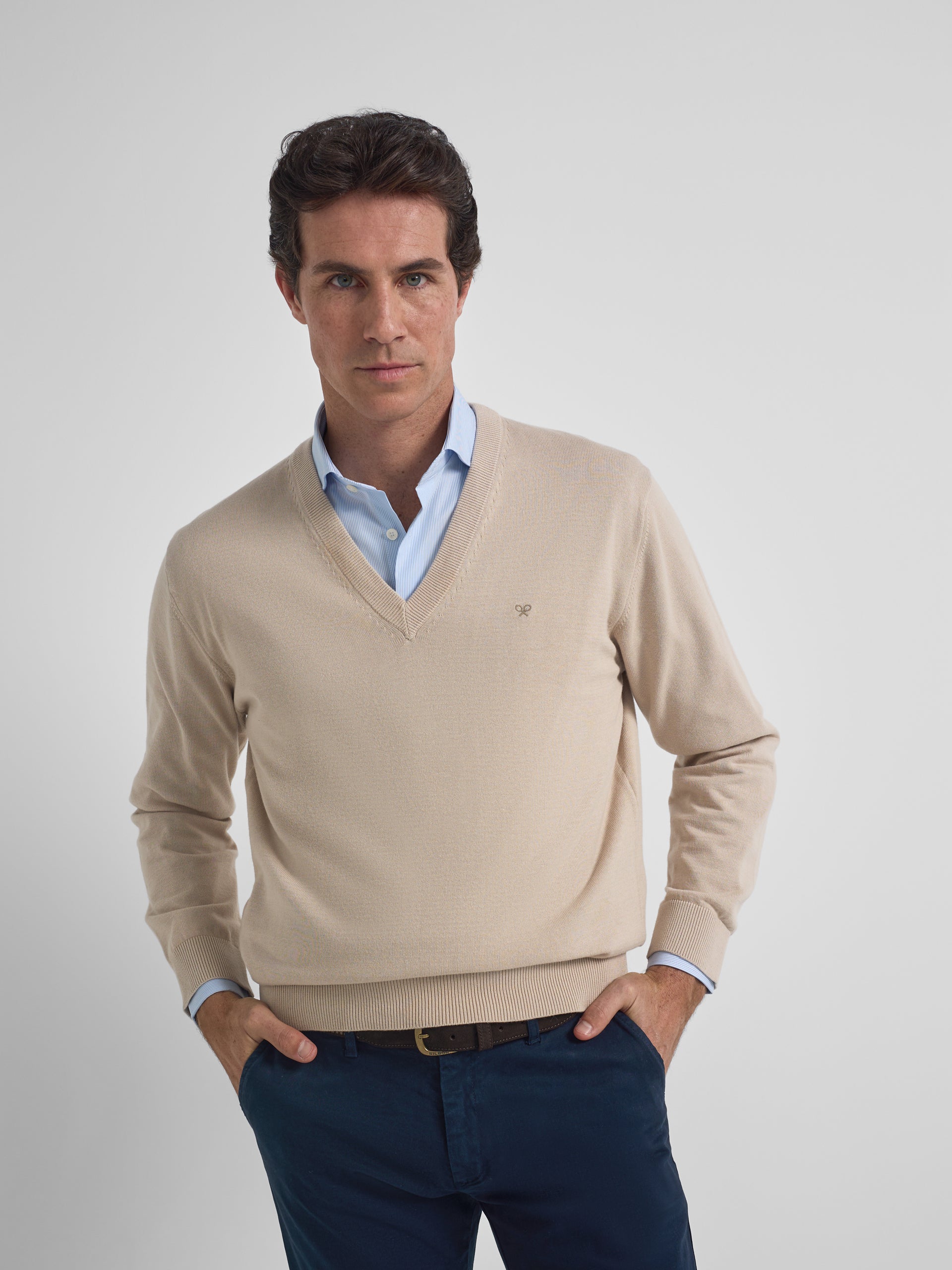 Pull col en V business beige