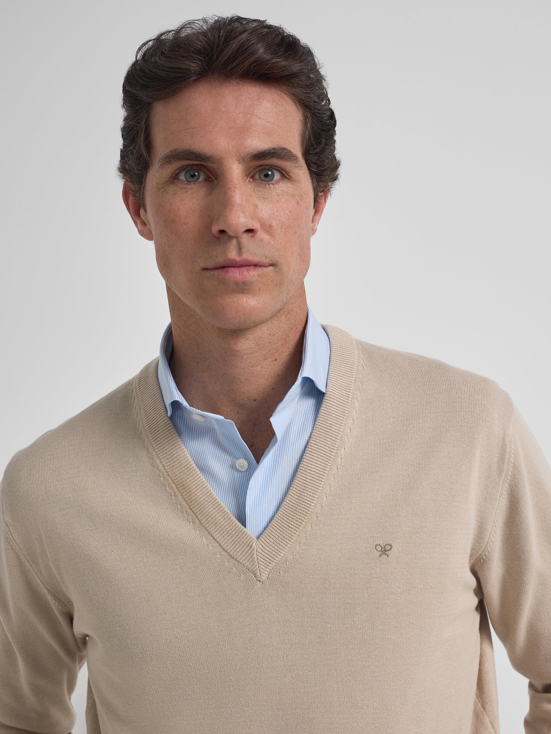 Pull col en V business beige