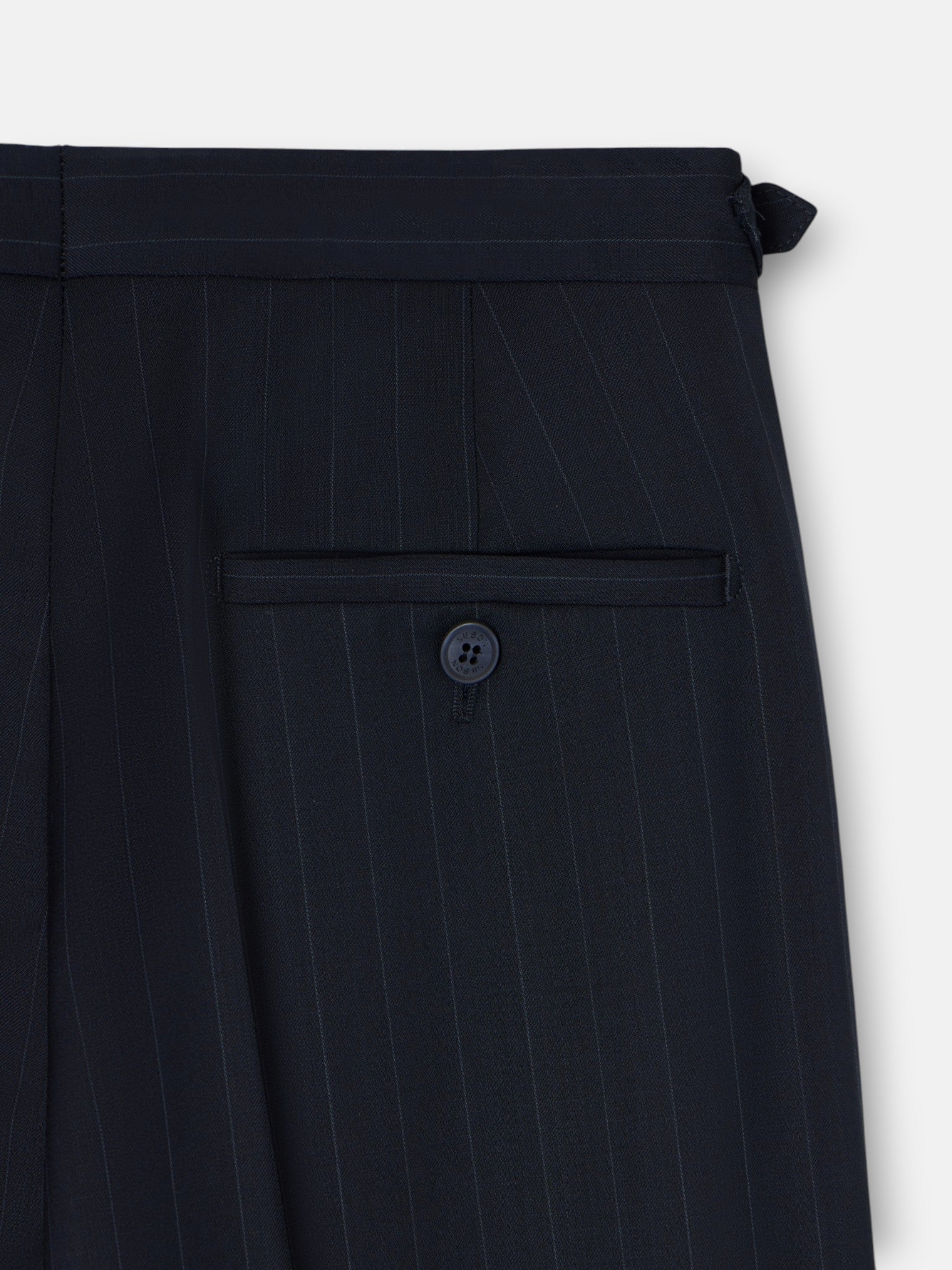 Navy blue pinstripe suit trousers