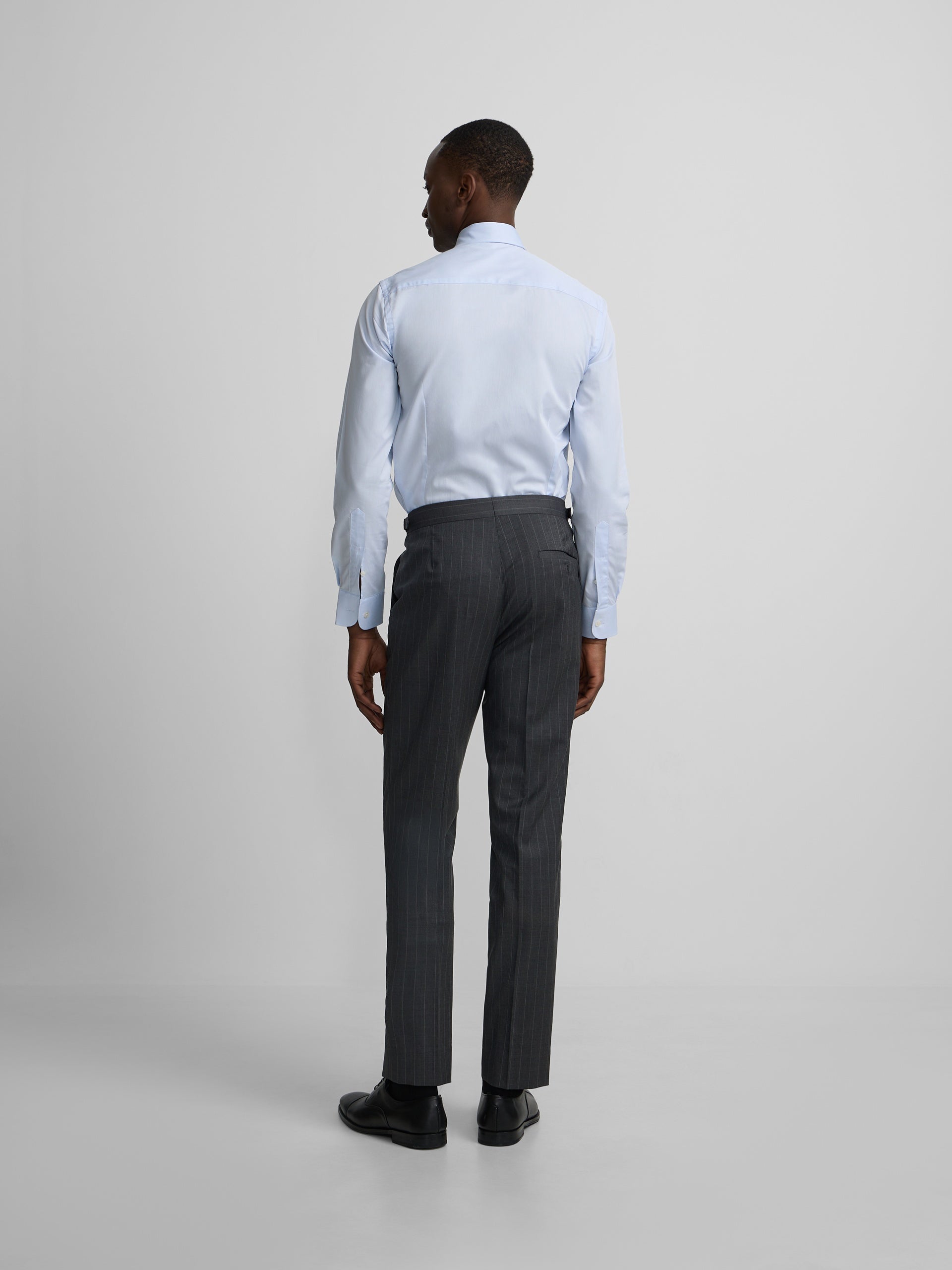 Grey pinstripe double-breasted suit trousers