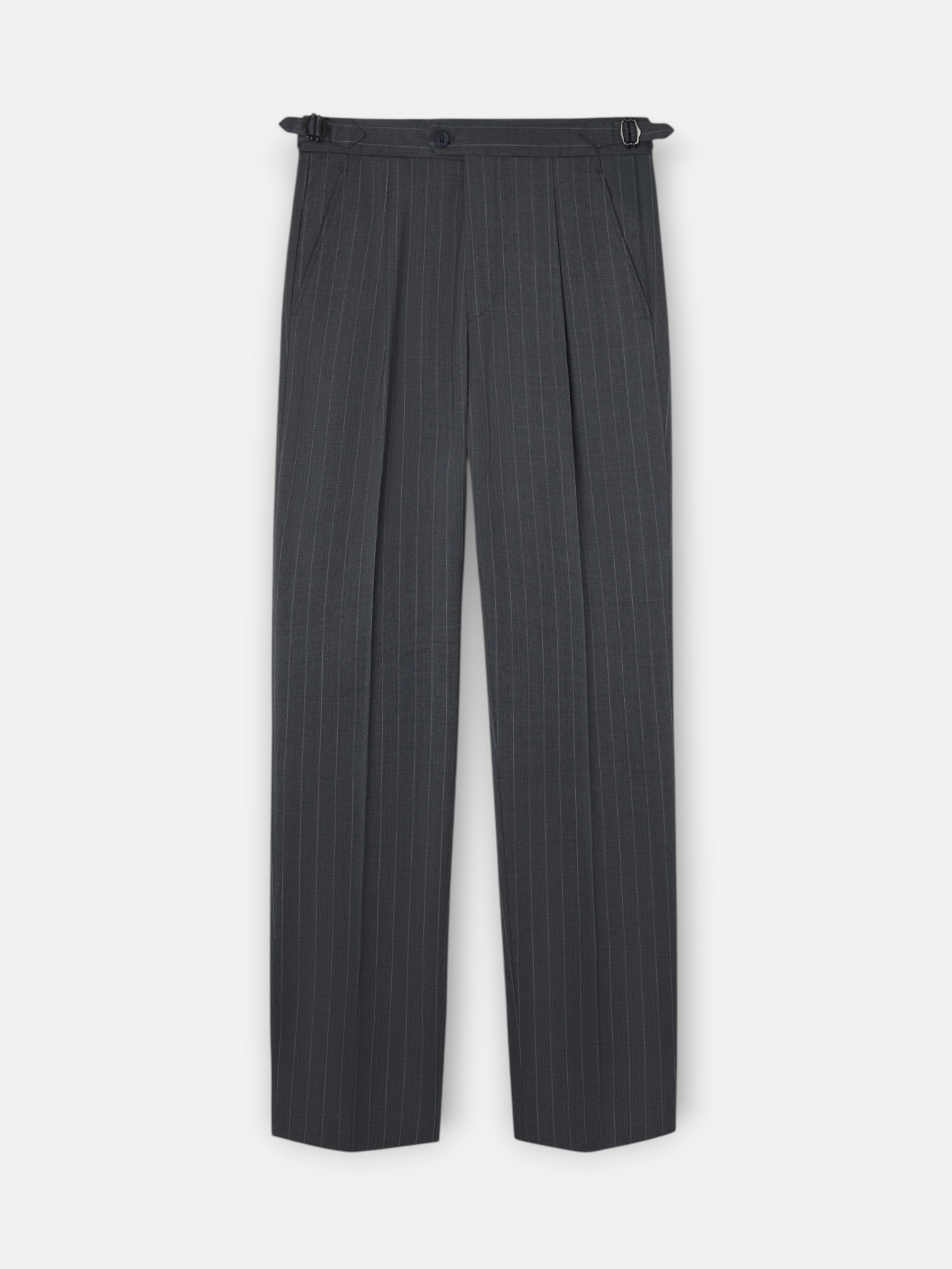 Grey pinstripe double-breasted suit trousers