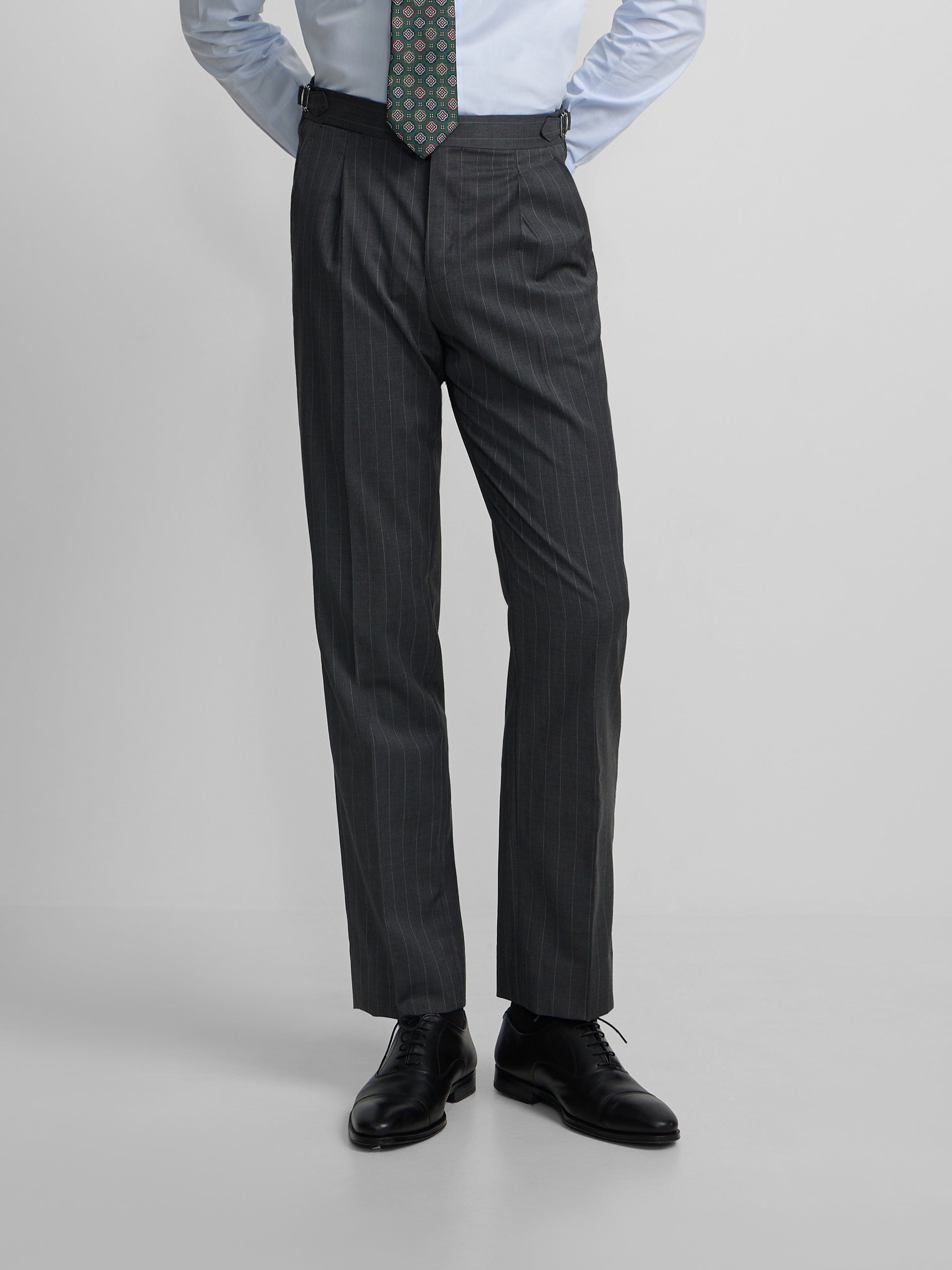 Grey pinstripe double-breasted suit trousers