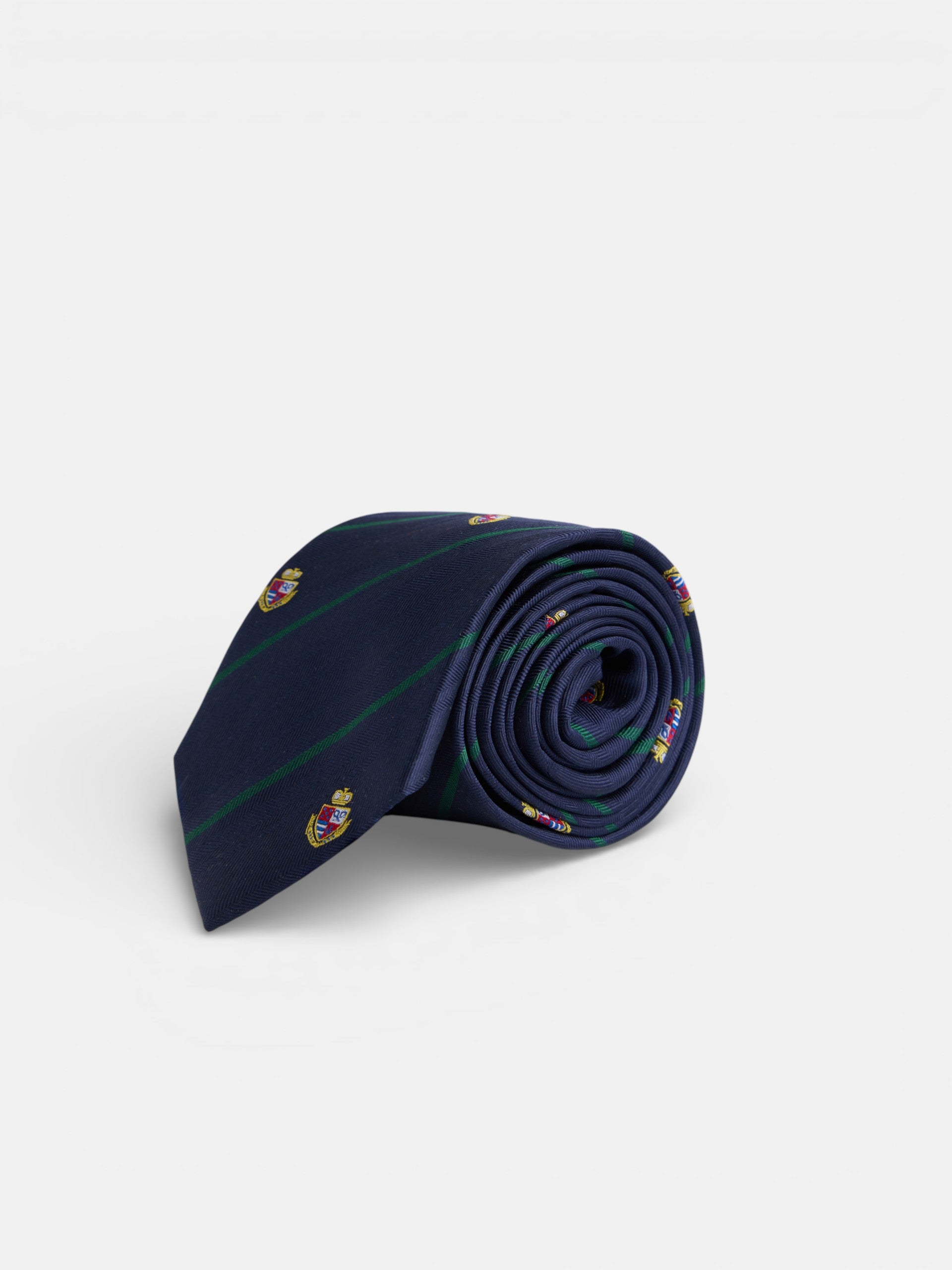 Corbata rayas escudos azul marino