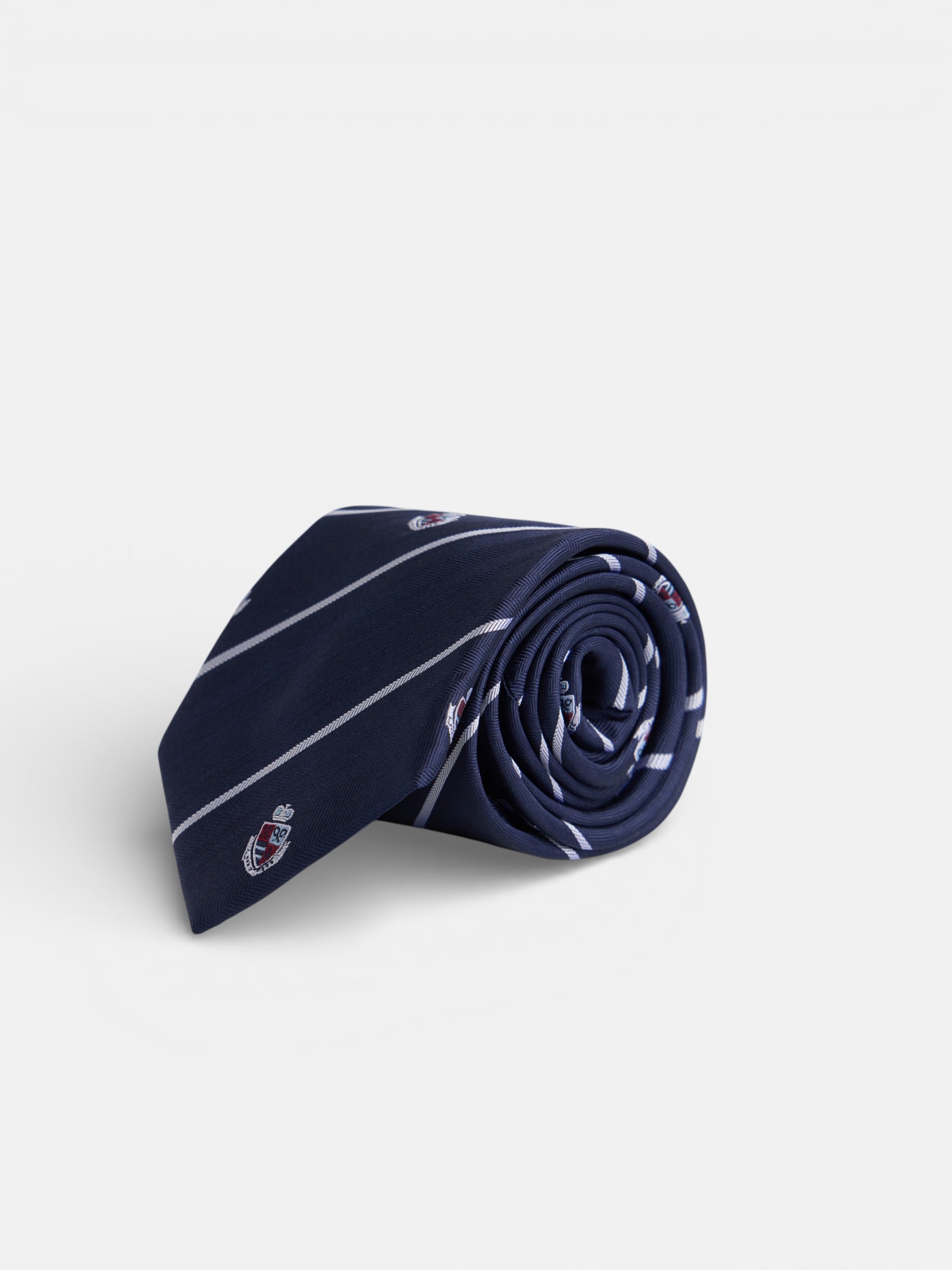 Corbata rayas escudos azul oscuro
