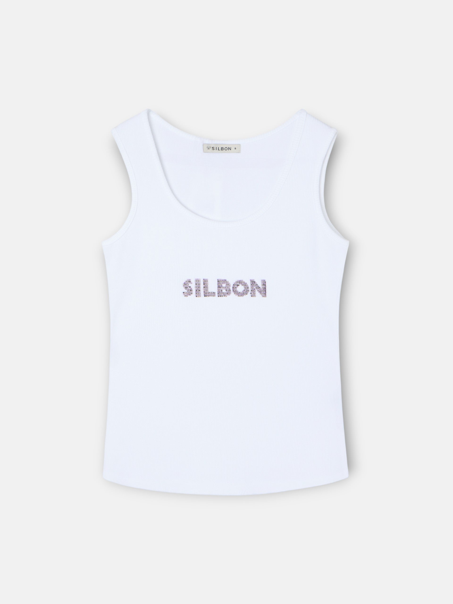 Women's white tank top with Silbon appliqués