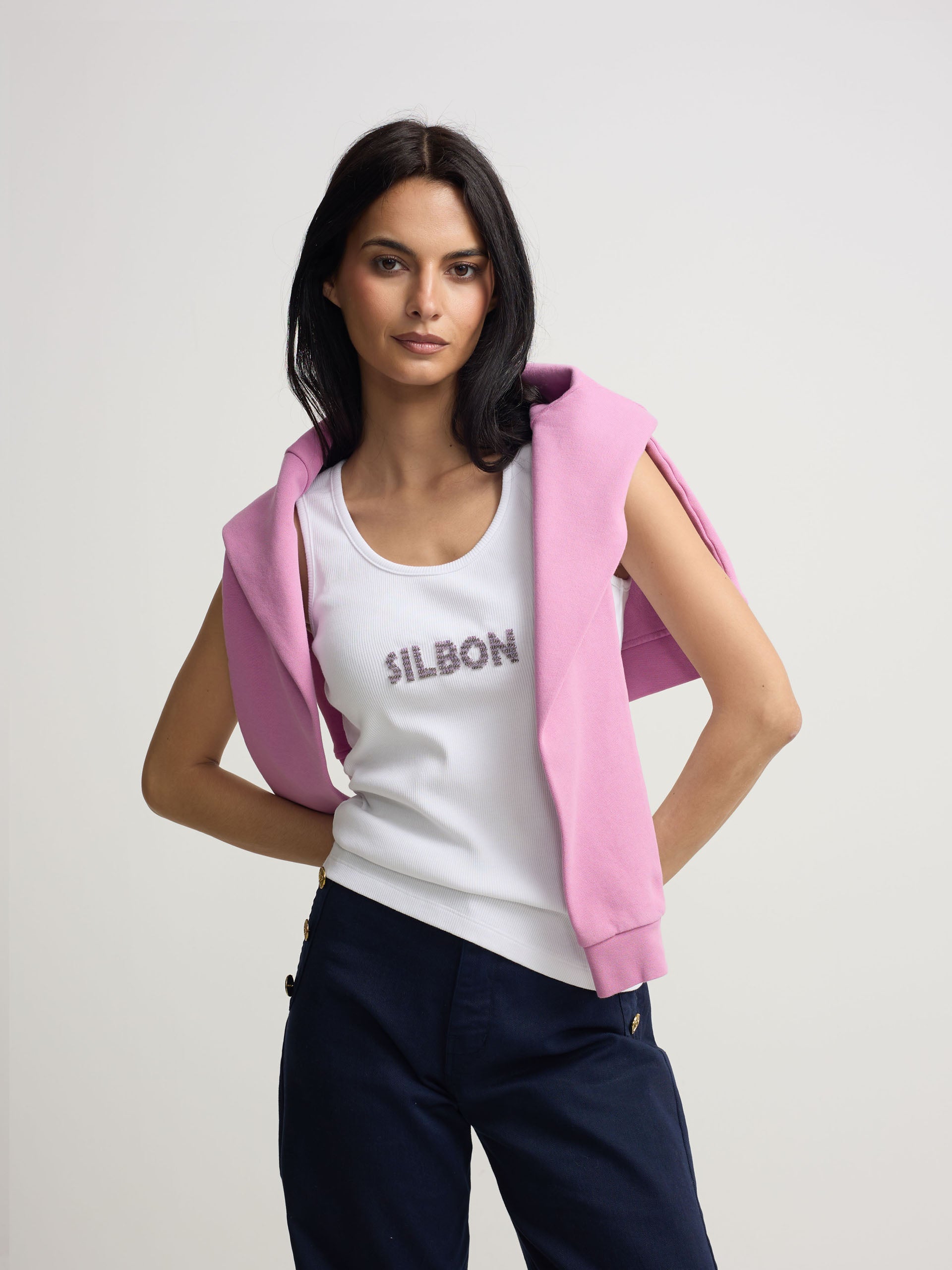 Women's white tank top with Silbon appliqués