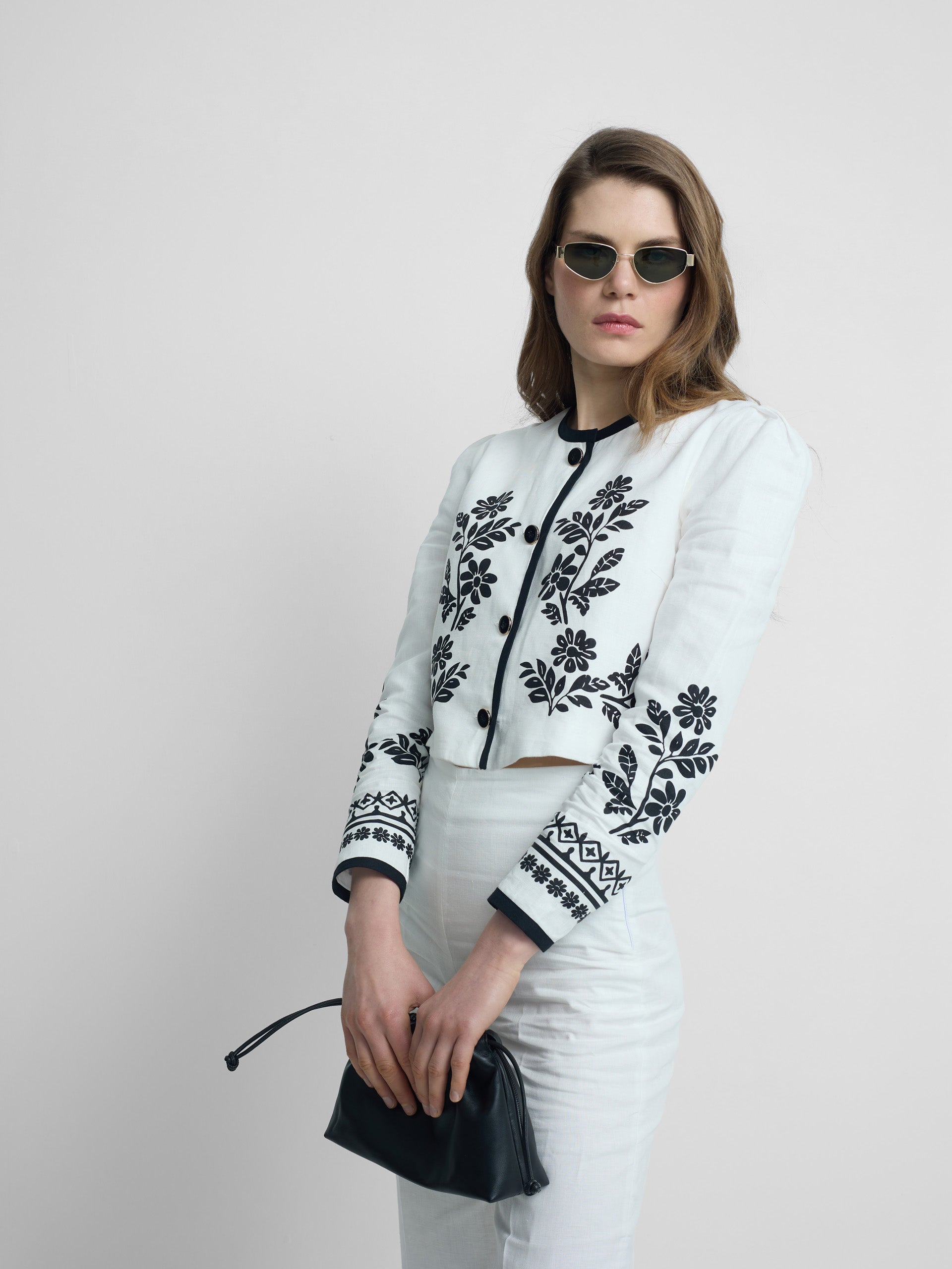 Veste courte en lin imprimé blanc