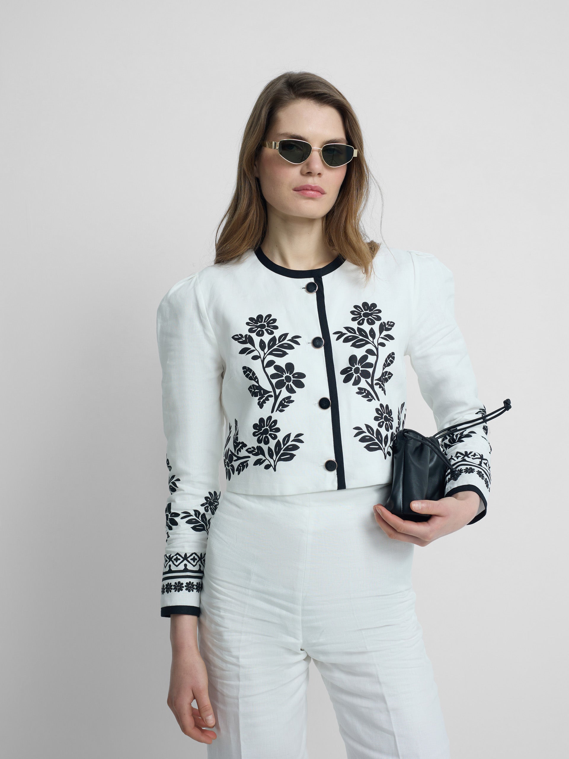 Veste courte en lin imprimé blanc