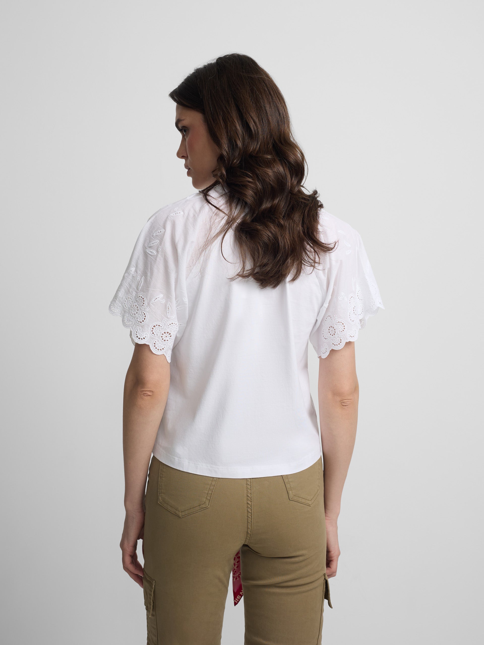White women's t-shirt with embroidered ruffles