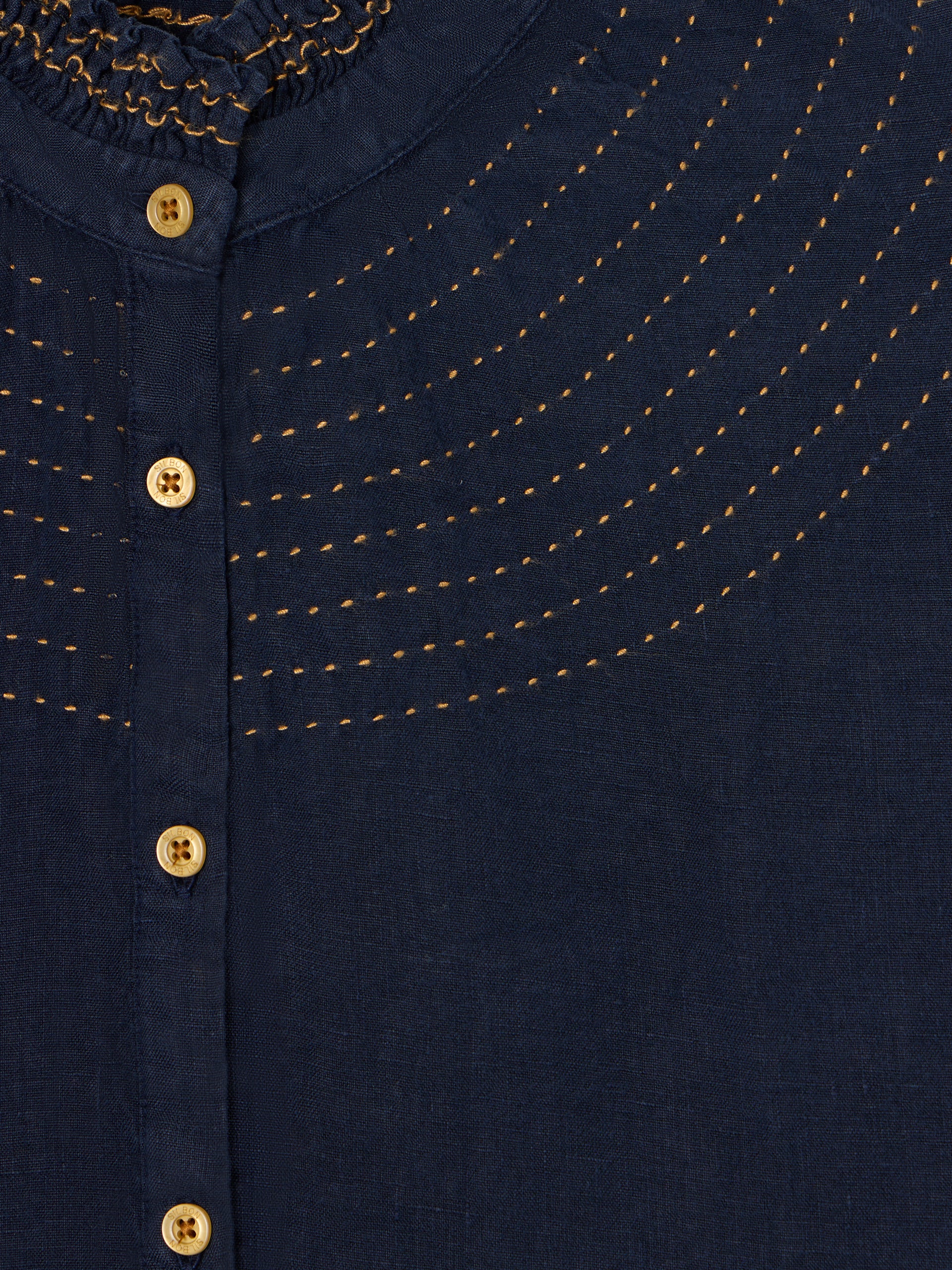Chemise froncée à manches courtes en lin bleu marine