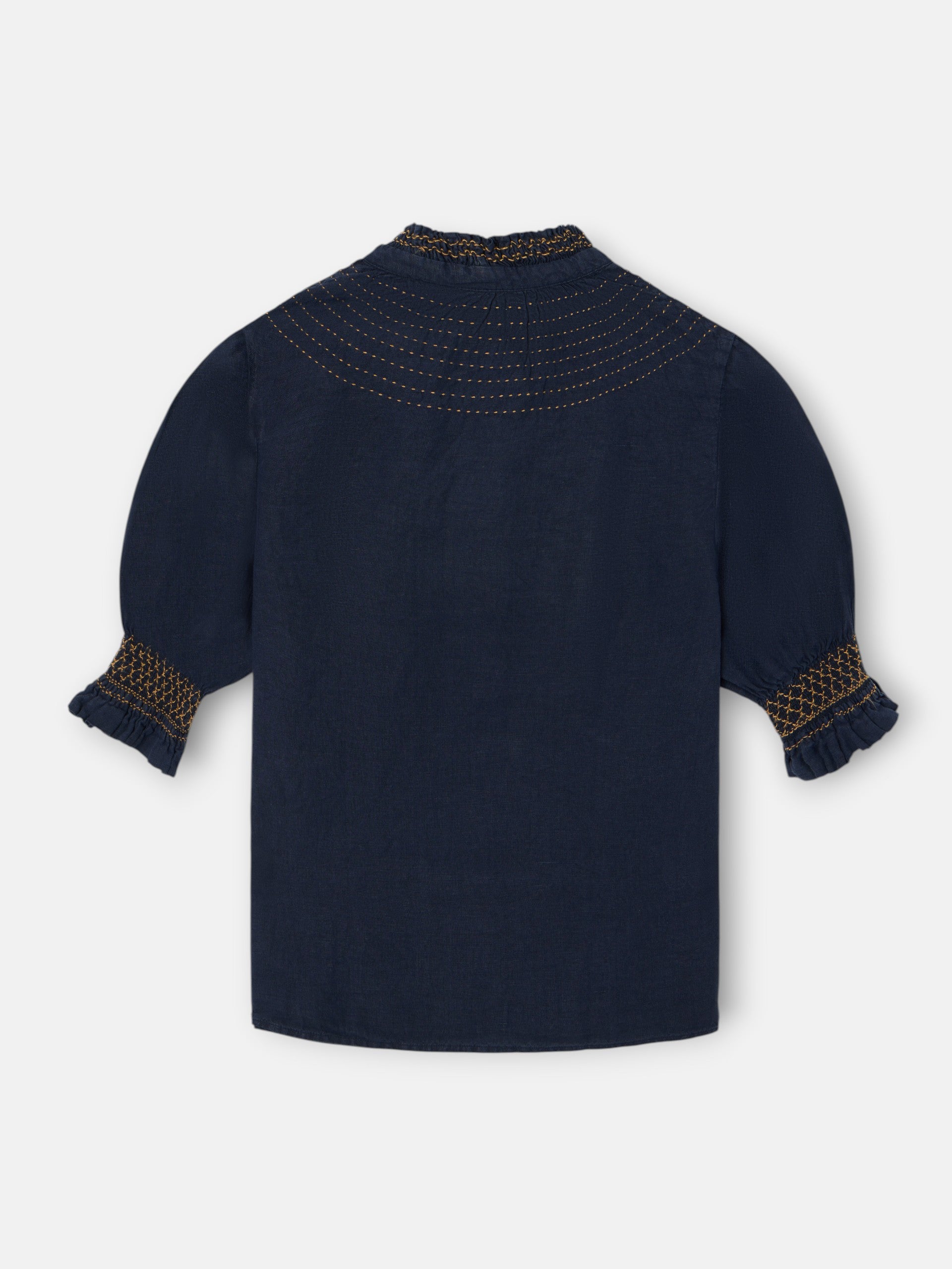 Chemise froncée à manches courtes en lin bleu marine
