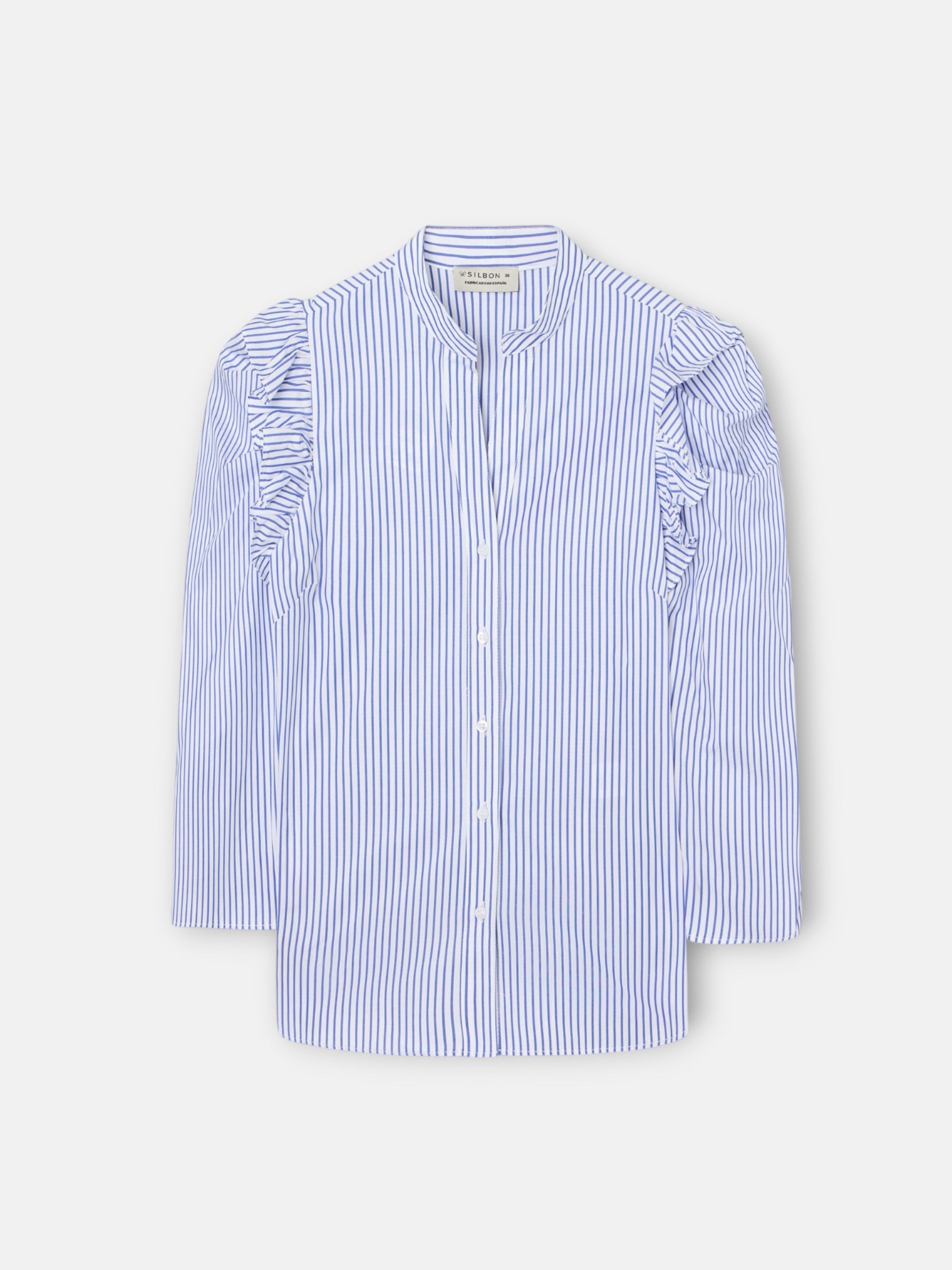 Blue and white striped puff sleeve shirt