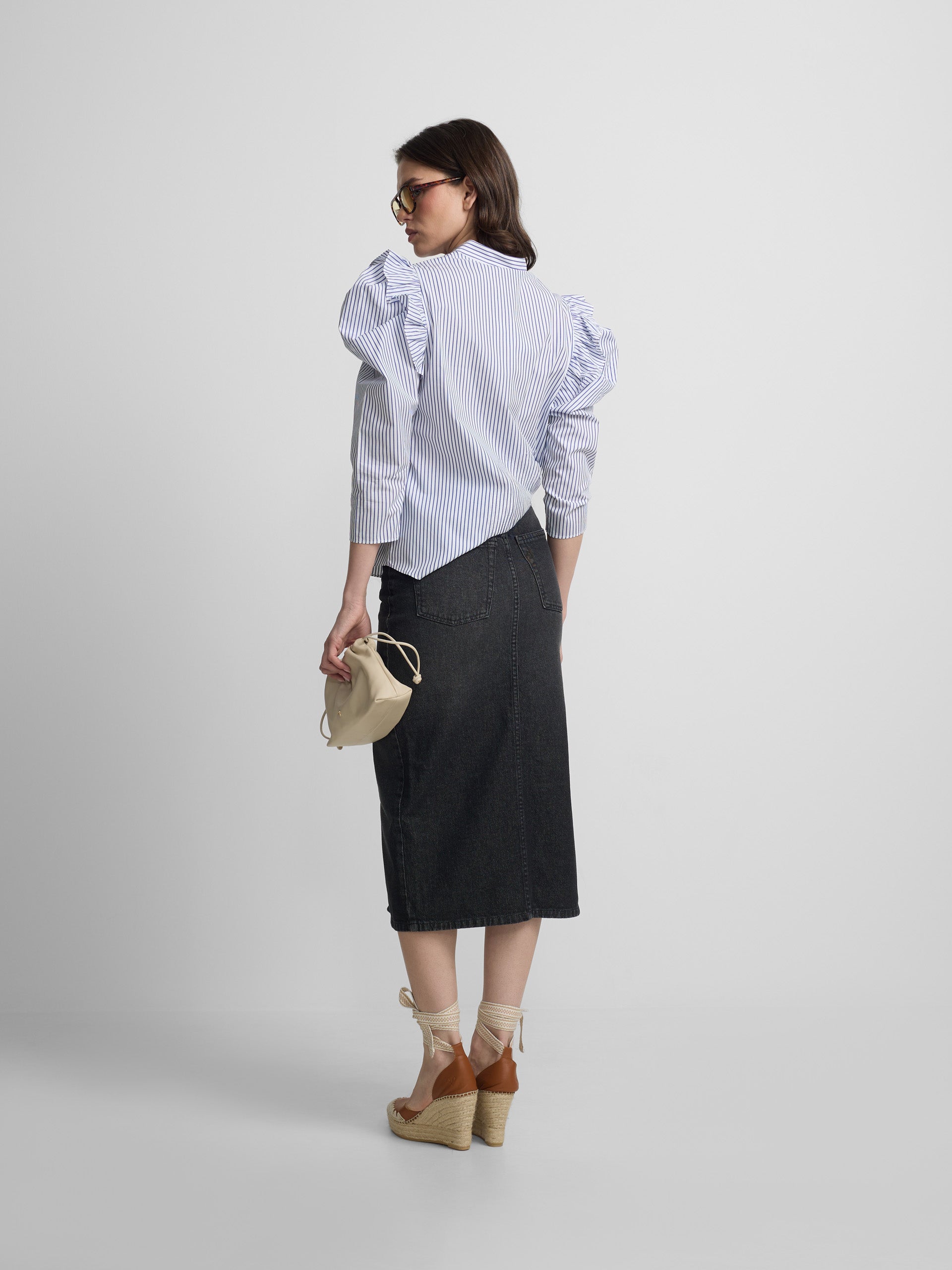 Blue and white striped puff sleeve shirt