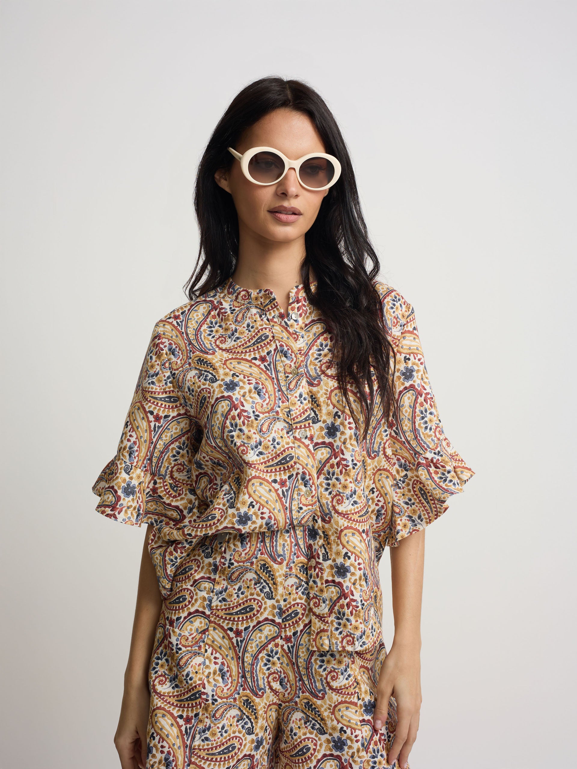 Blouse à manches volantées imprimé oranges