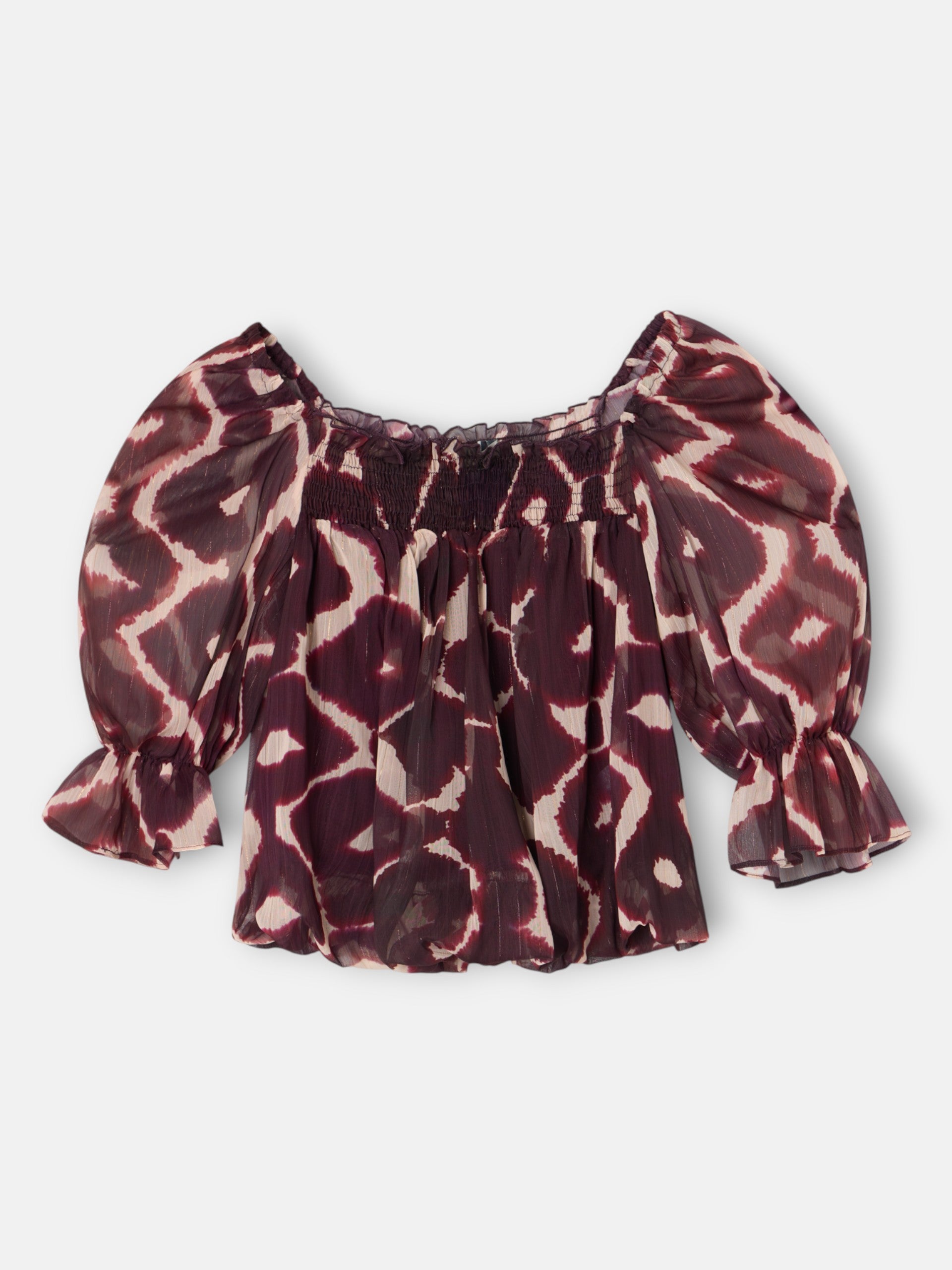 Ruched blouse with brown print