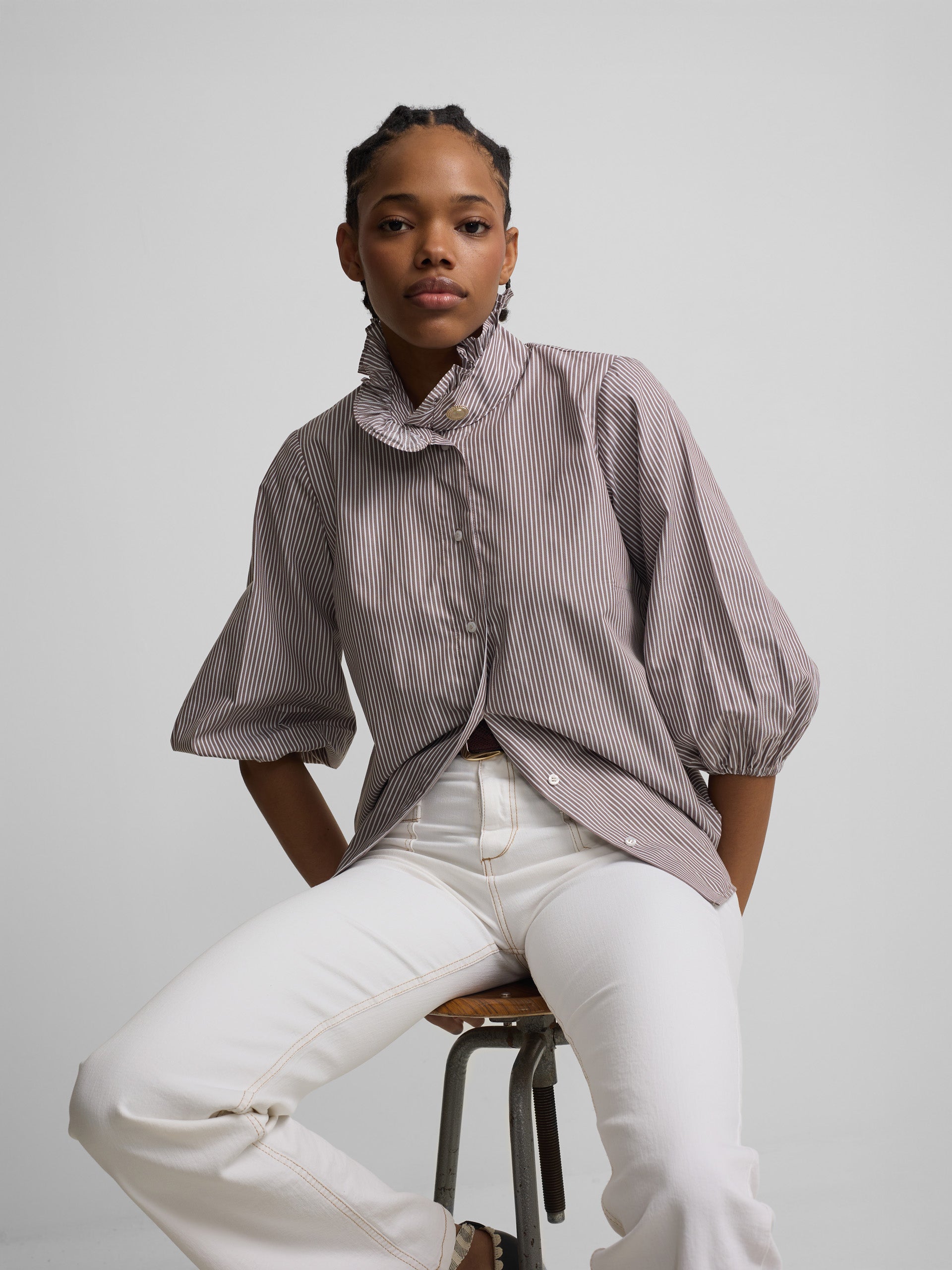 Brown striped puff sleeve shirt
