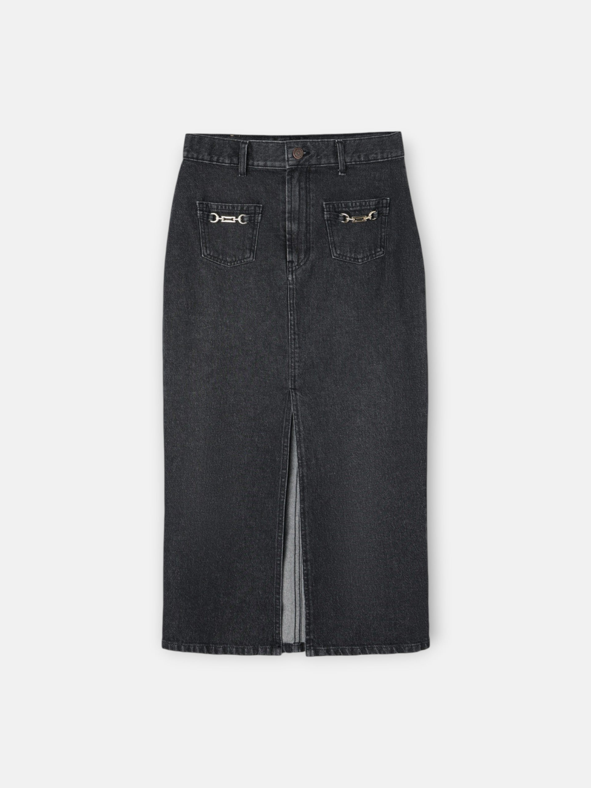 Falda midi recta hebilla denim gris