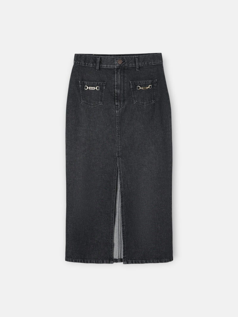 Jupe midi droite à boucle en denim gris