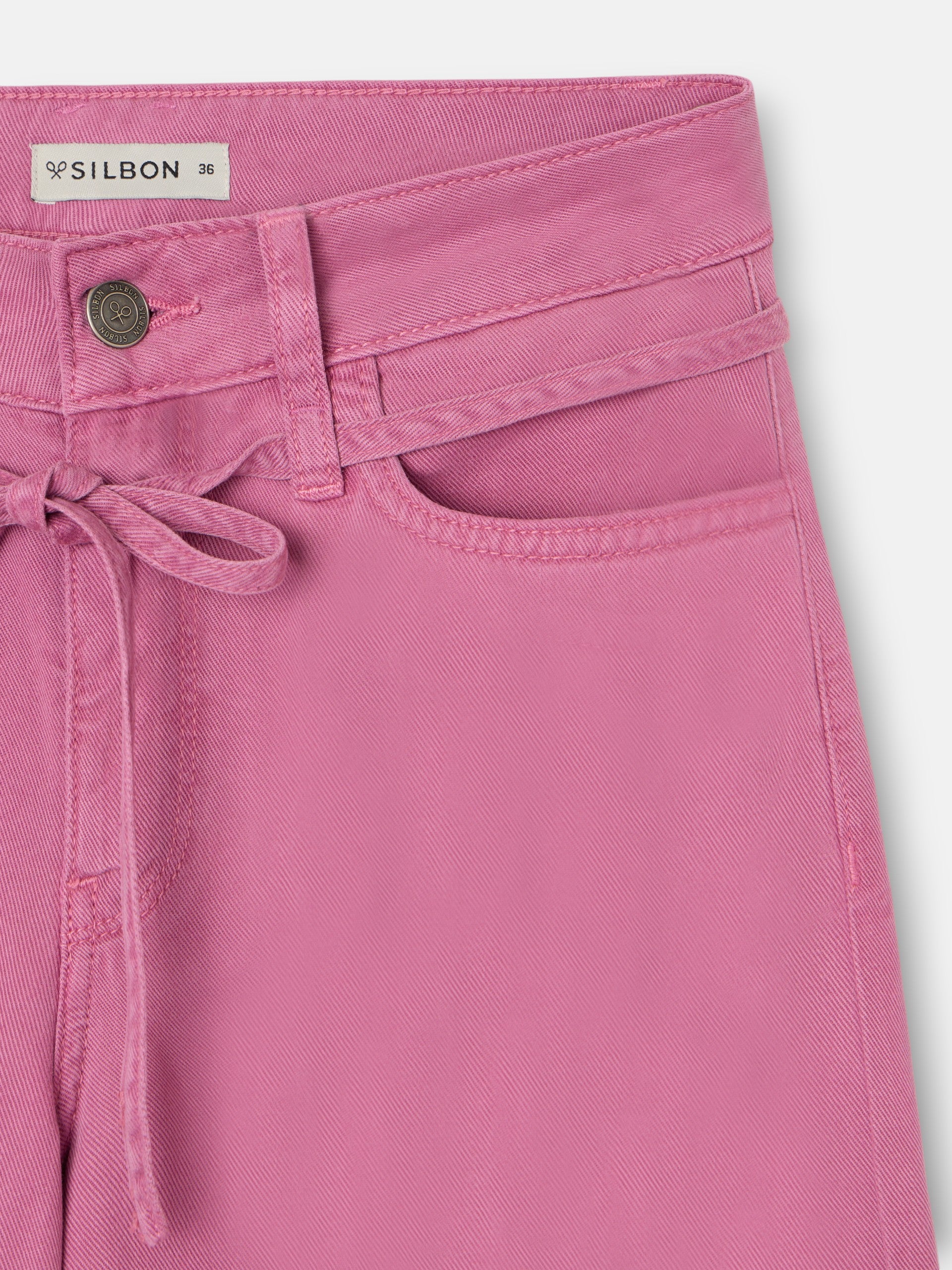 Raspberry drawstring denim trousers