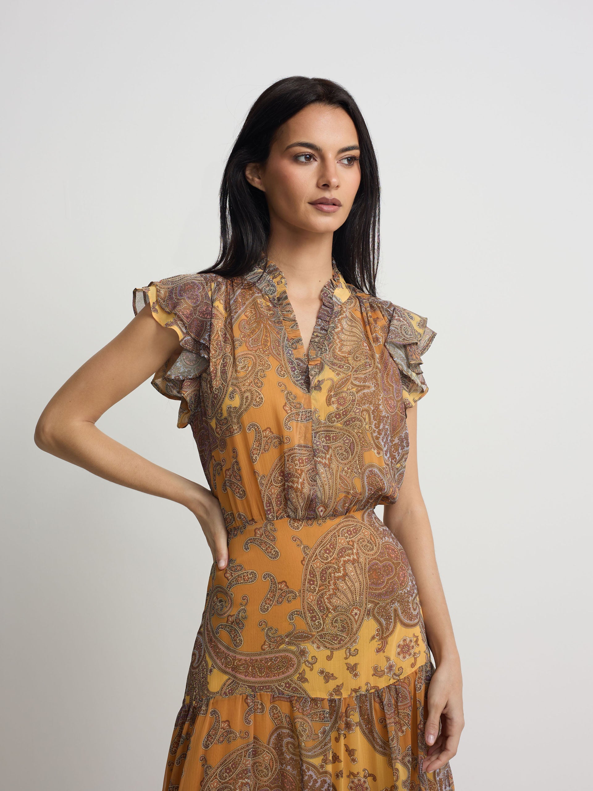 Midi flared dress with orange print