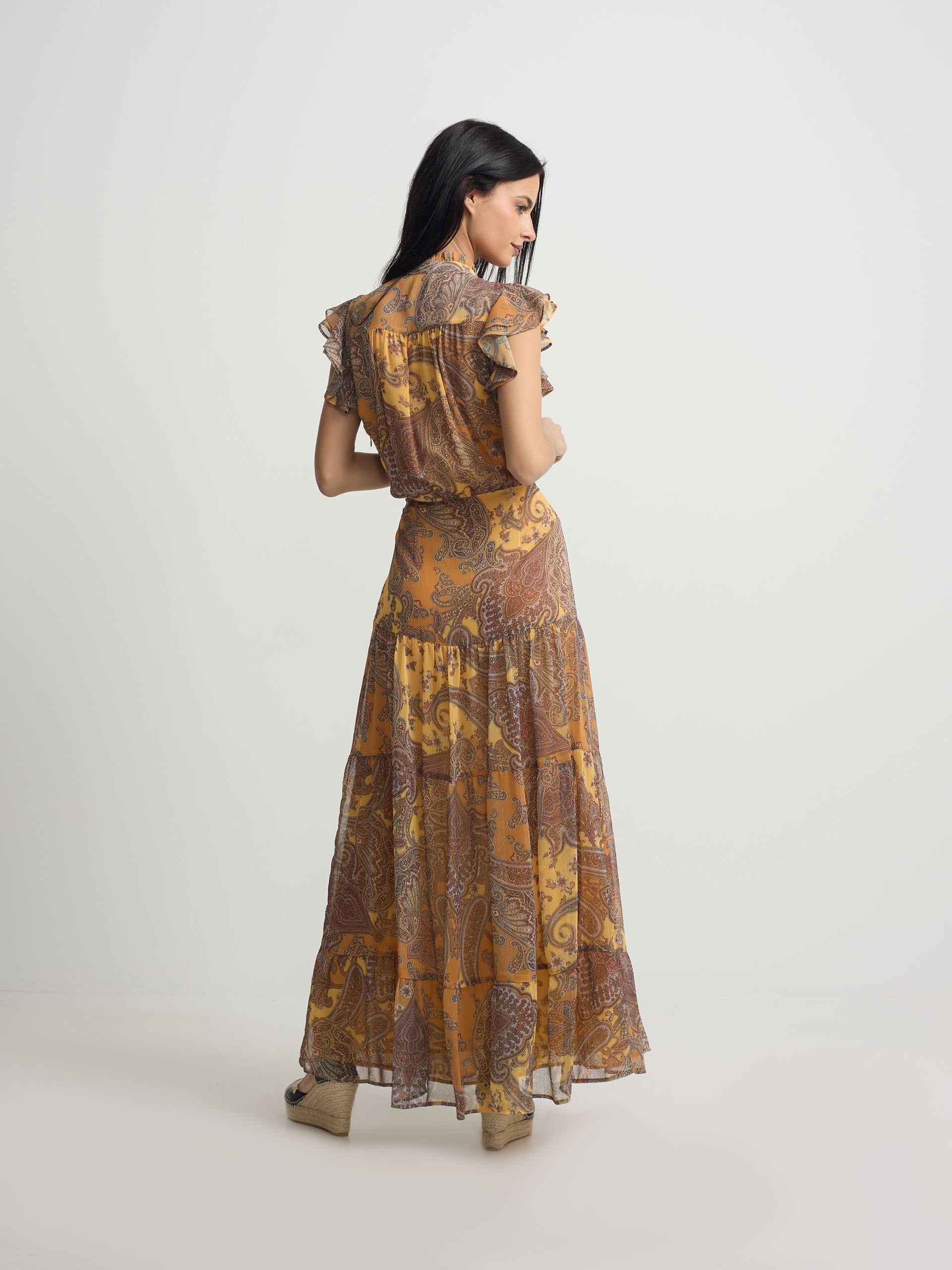 Midi flared dress with orange print