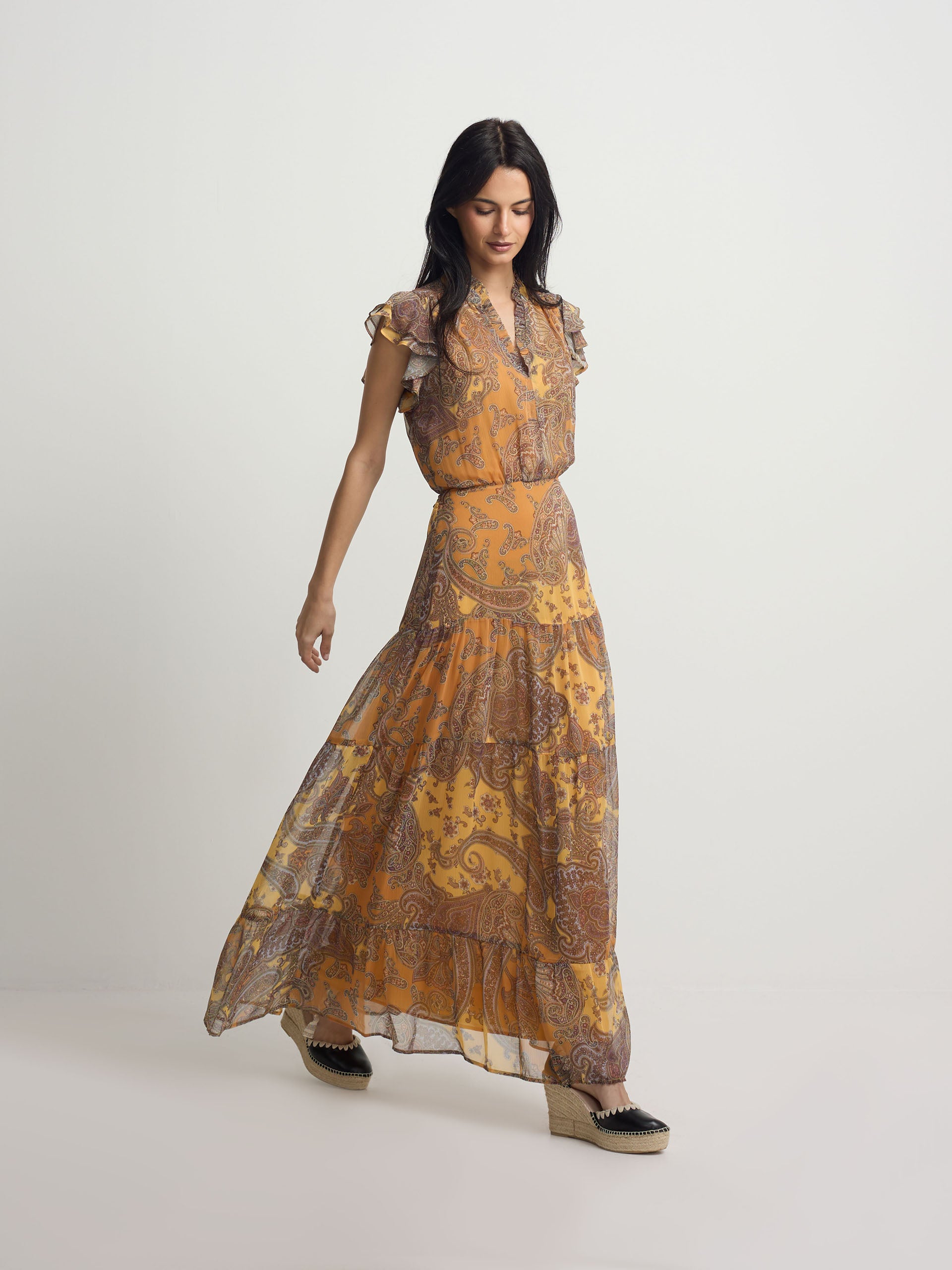 Midi flared dress with orange print