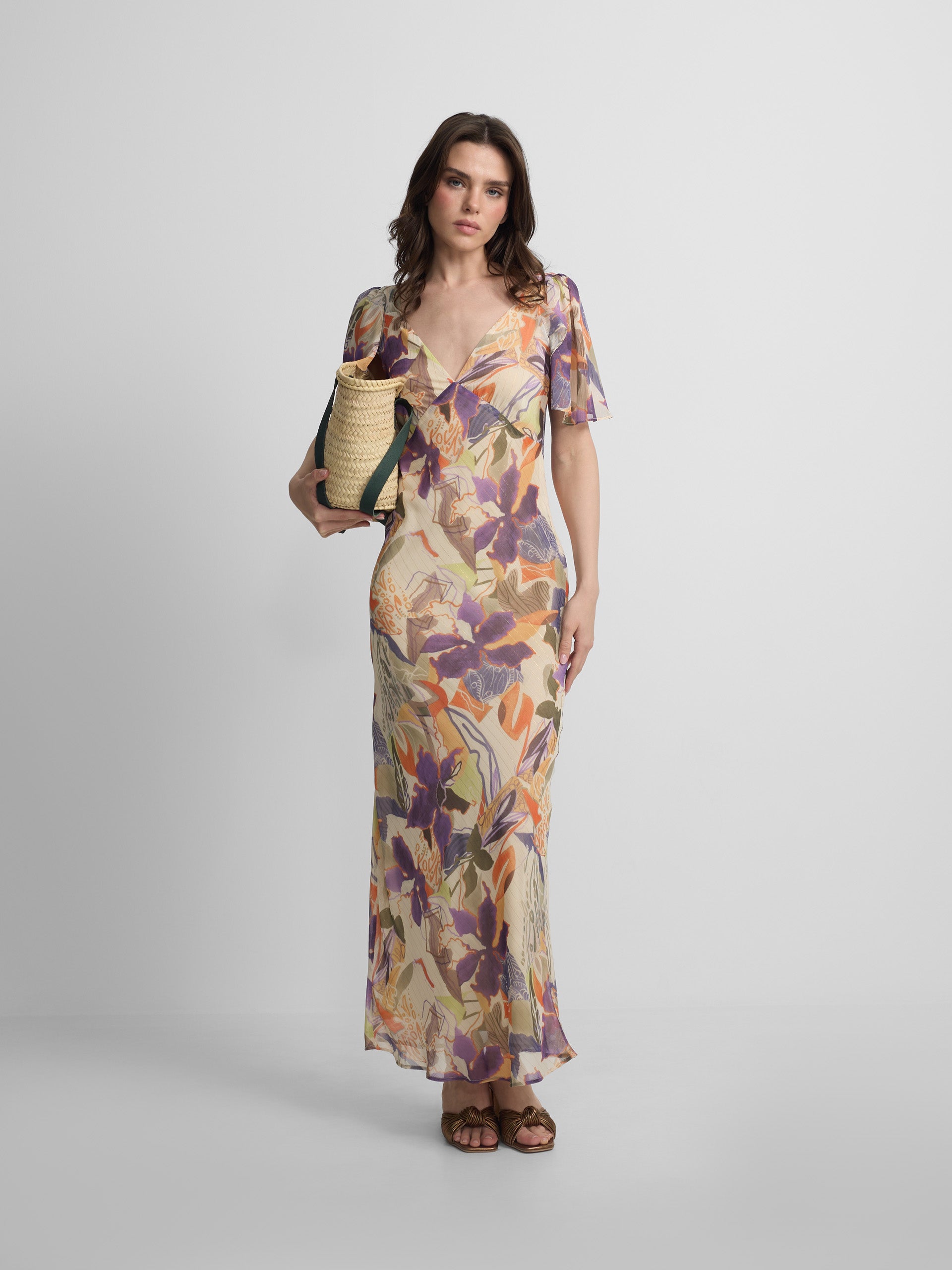 Long dress with purple and orange floral print