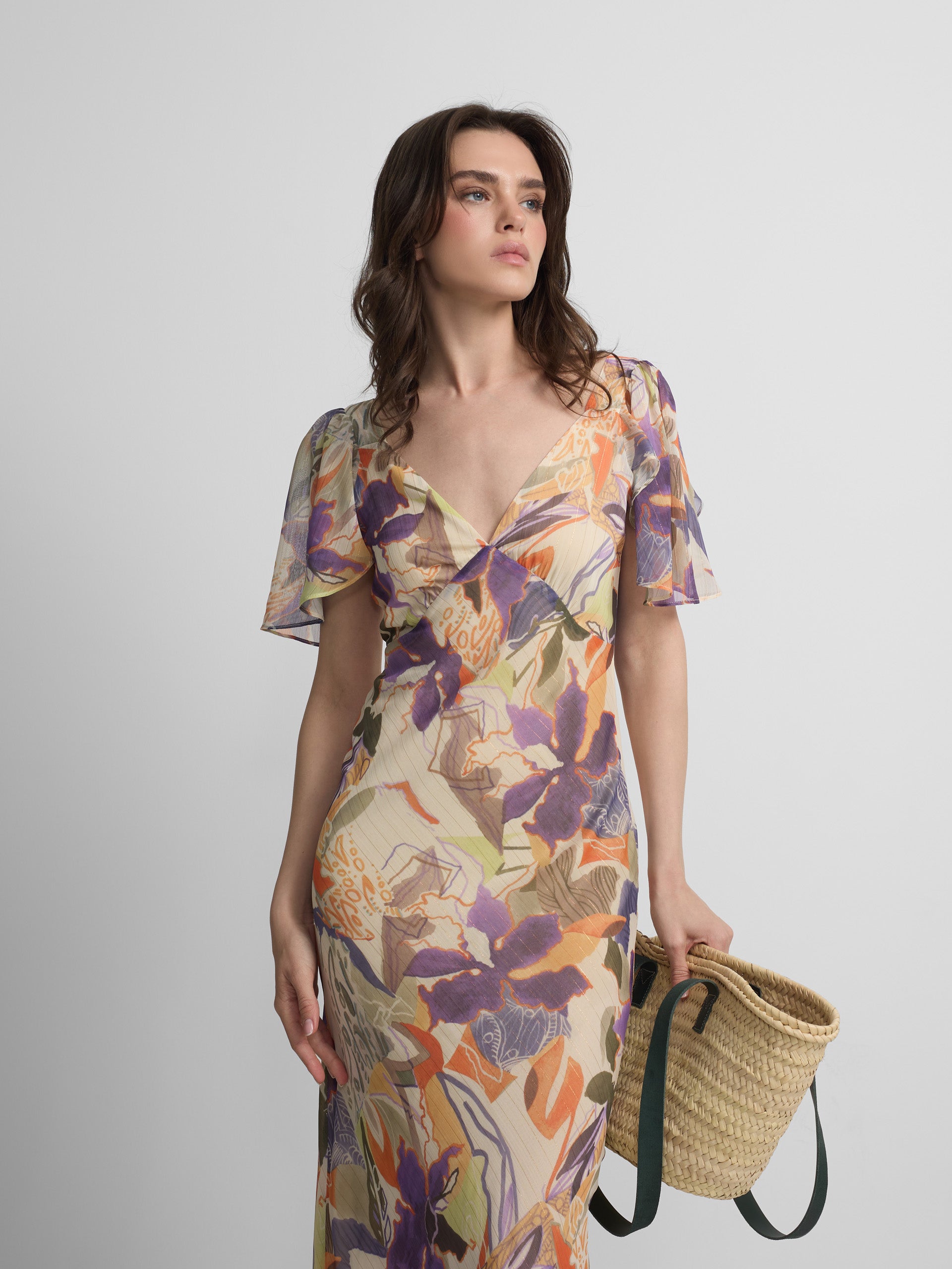Long dress with purple and orange floral print