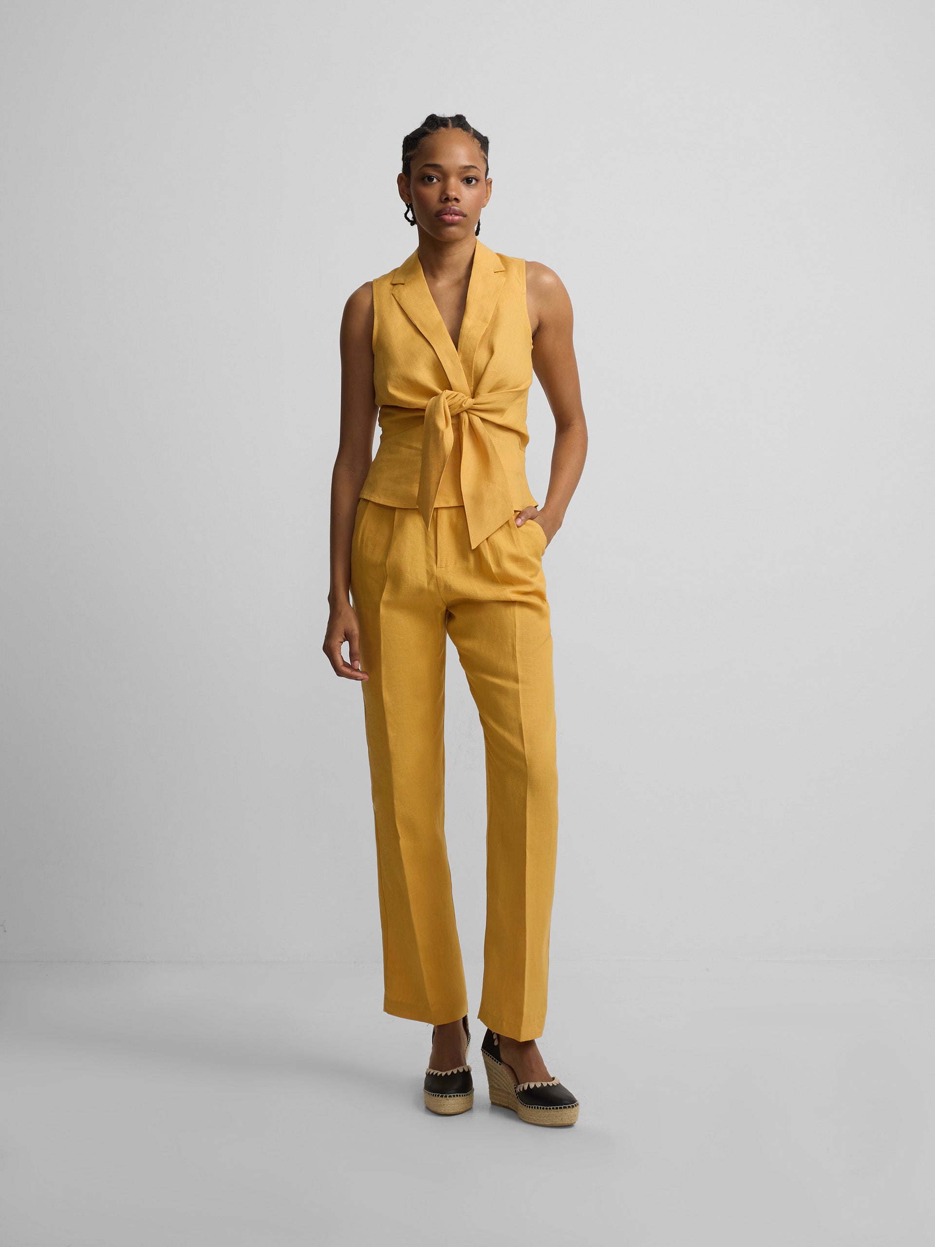 Pantalon recto lino amarillo