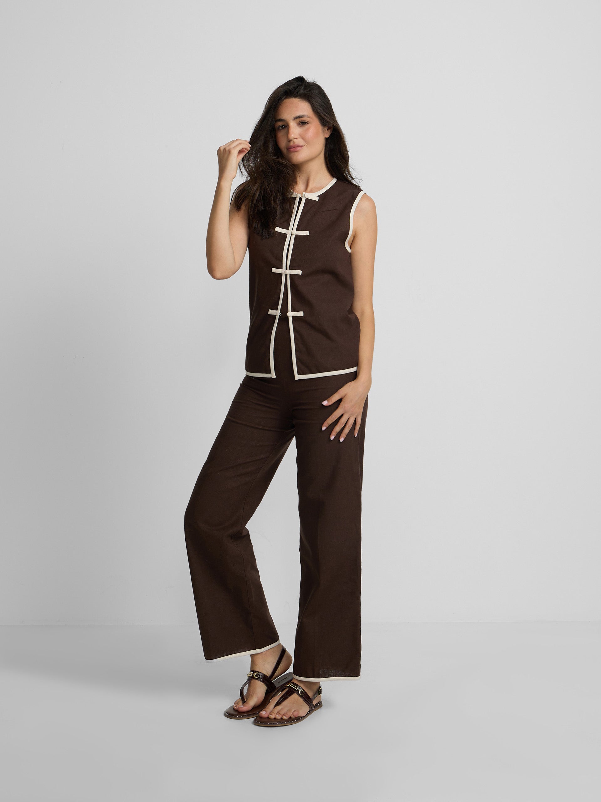 Pantalon droit en lin marron