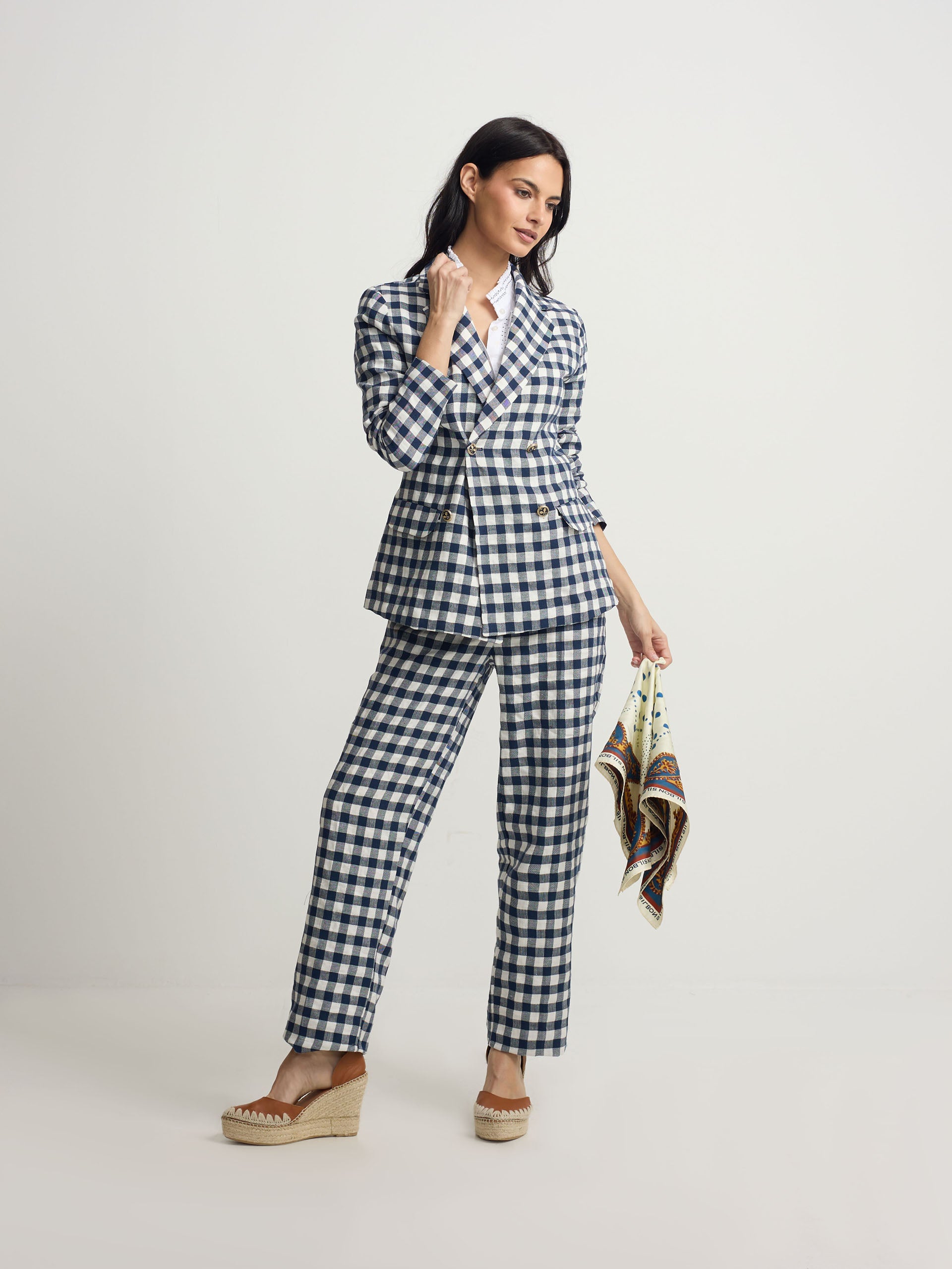 Navy vichy belt loop trousers