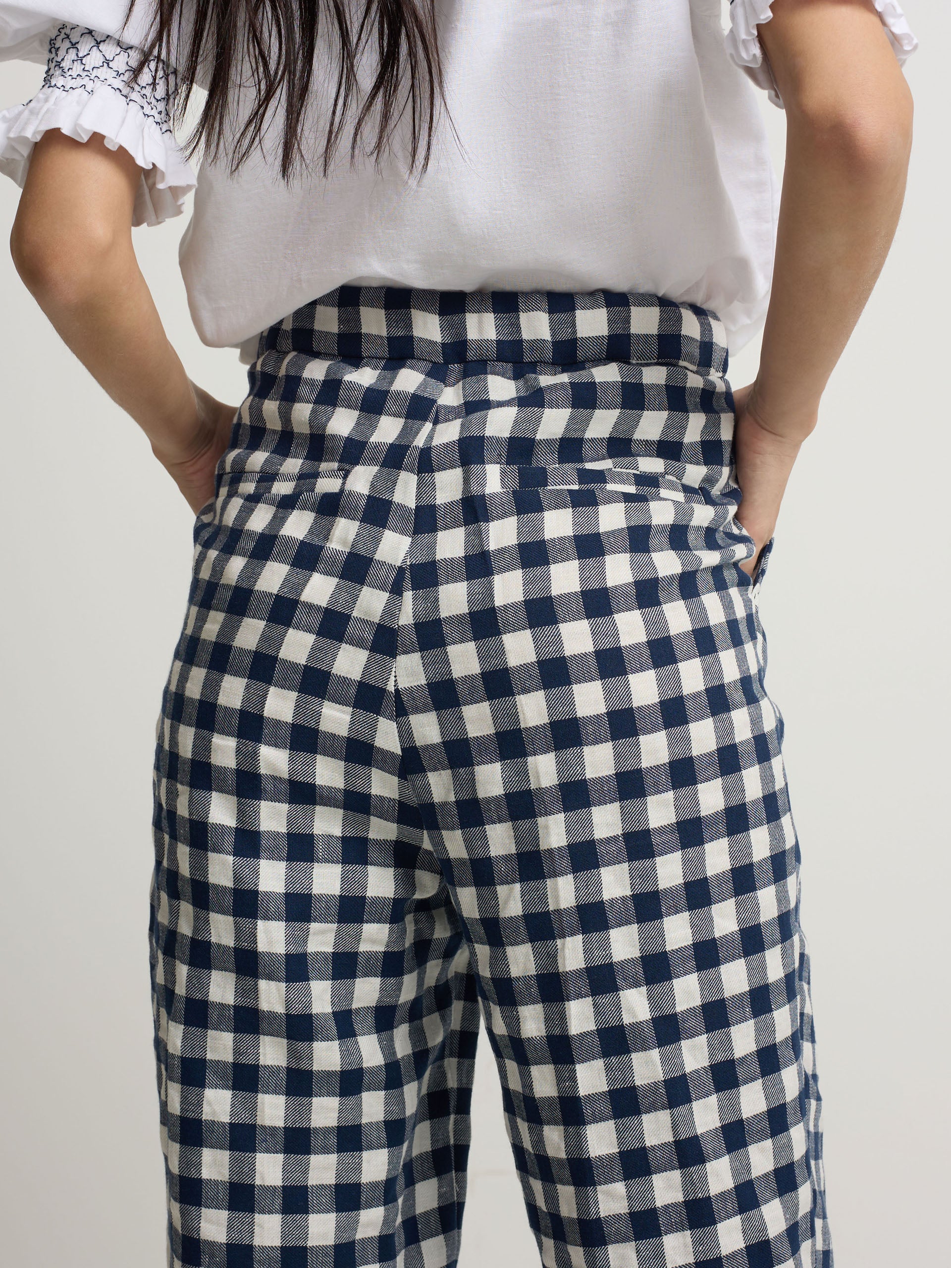 Navy vichy belt loop trousers