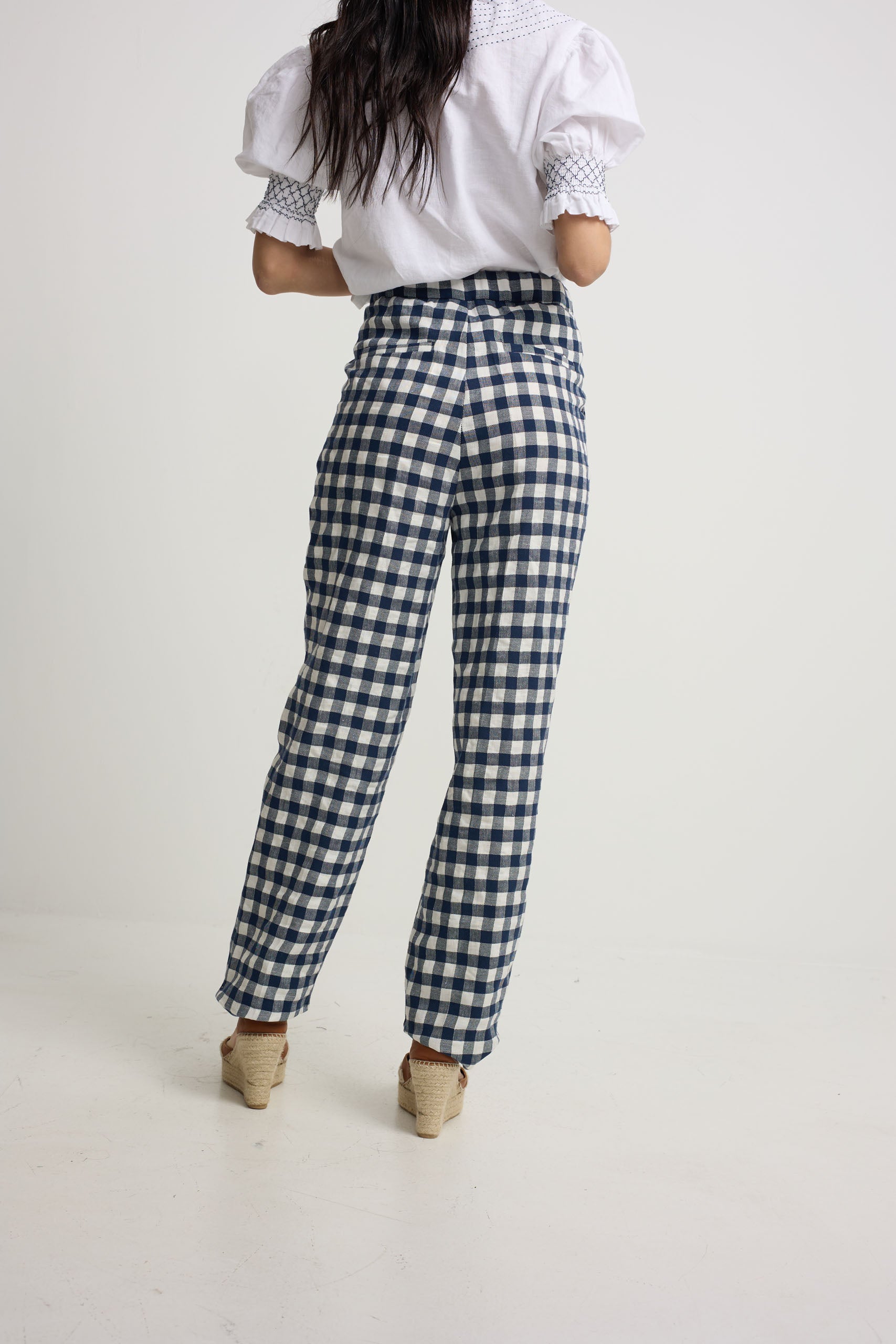 Navy vichy belt loop trousers