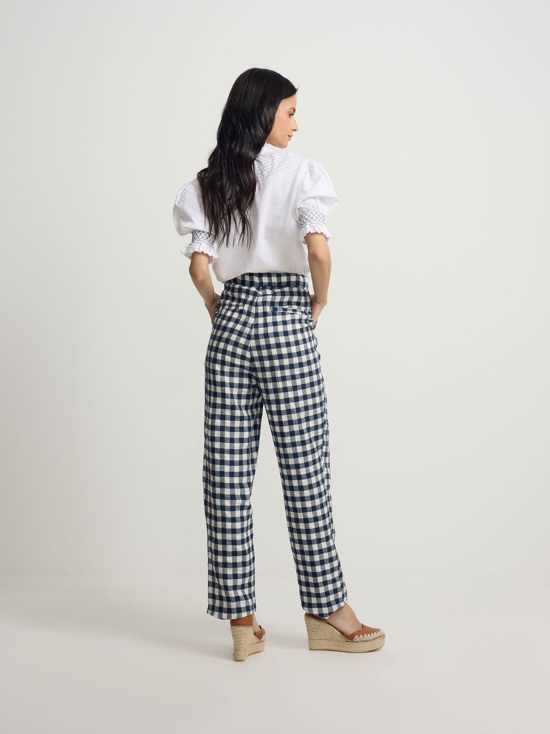 Navy vichy belt loop trousers
