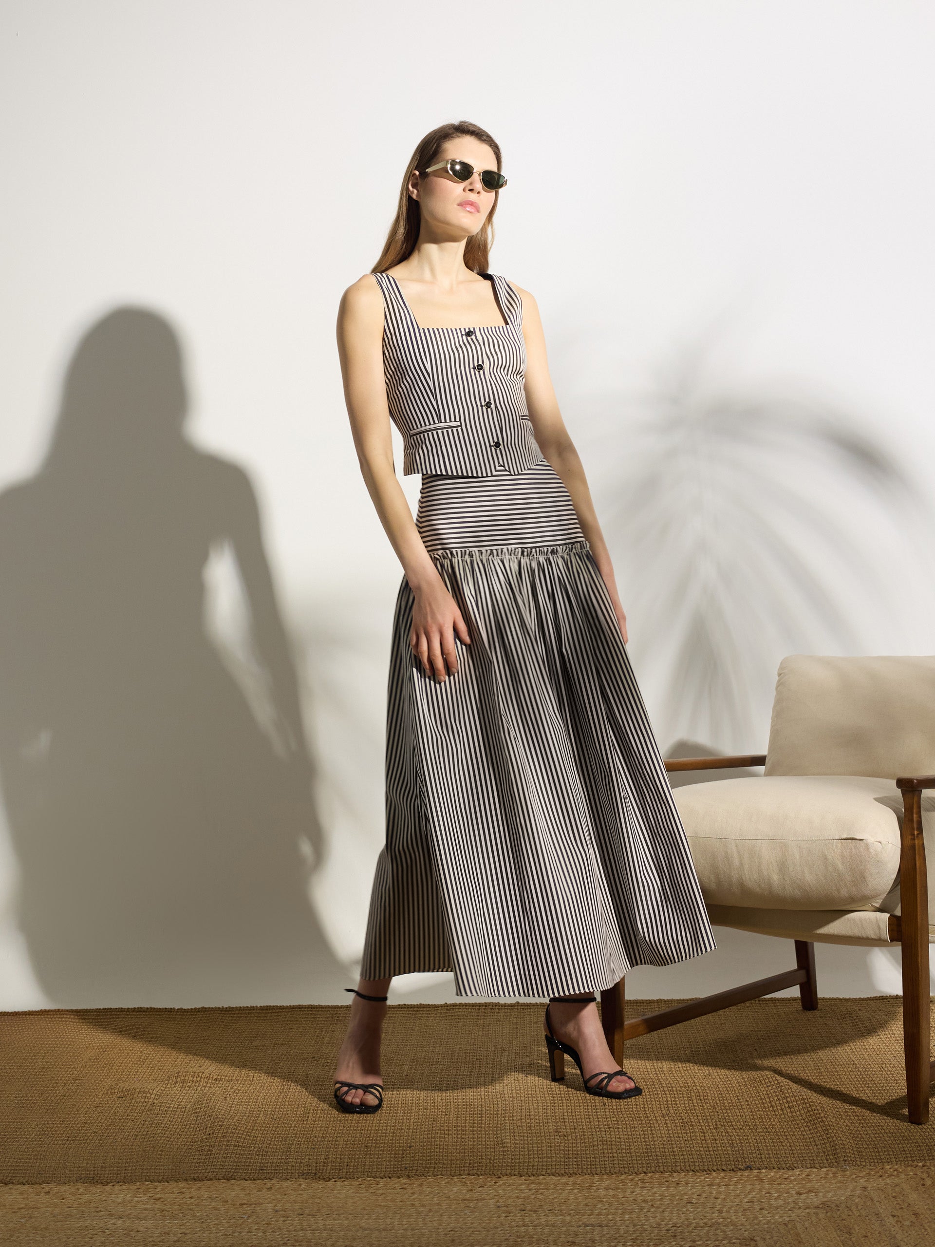Unique navy blue striped midi skirt