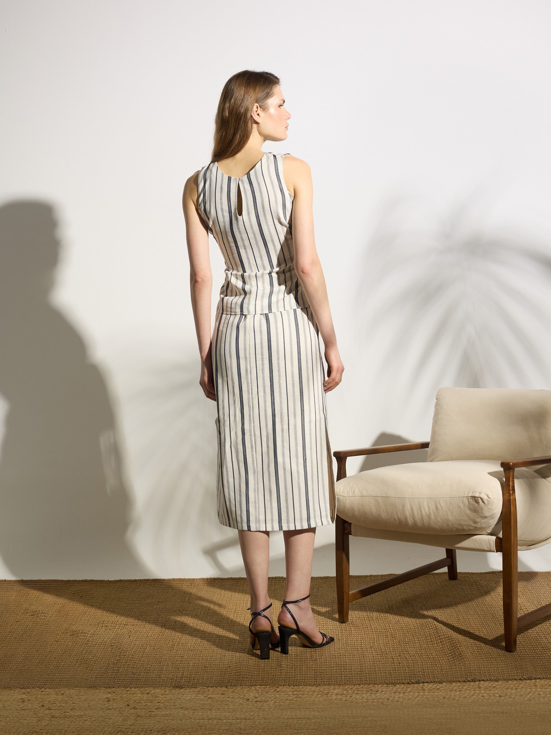 Jupe midi unique à rayures bleu et beige