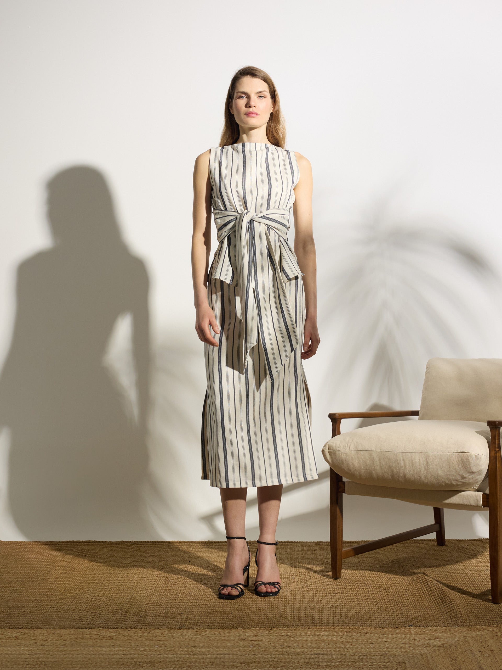 Jupe midi unique à rayures bleu et beige