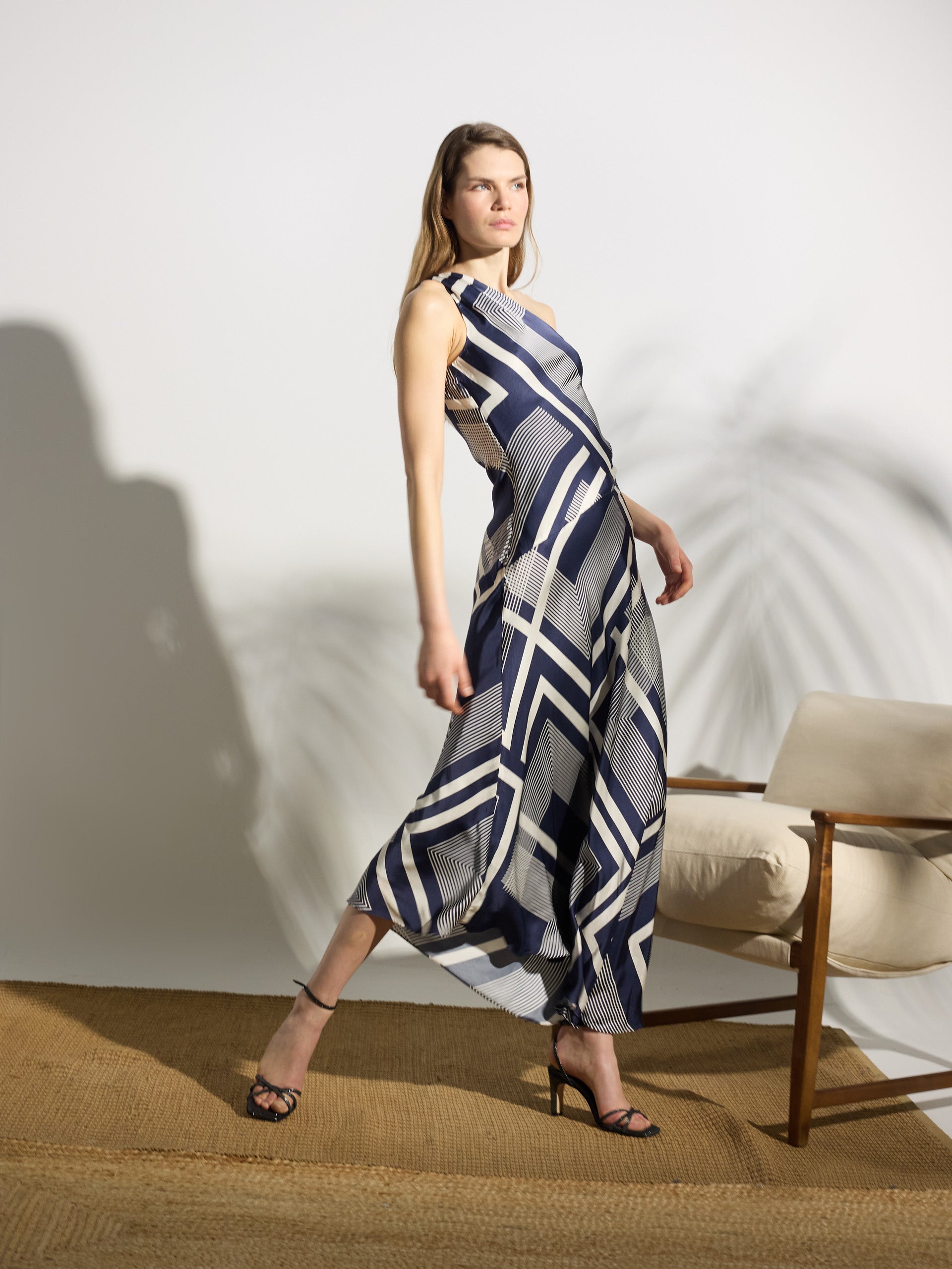 Unique asymmetric blue printed midi dress