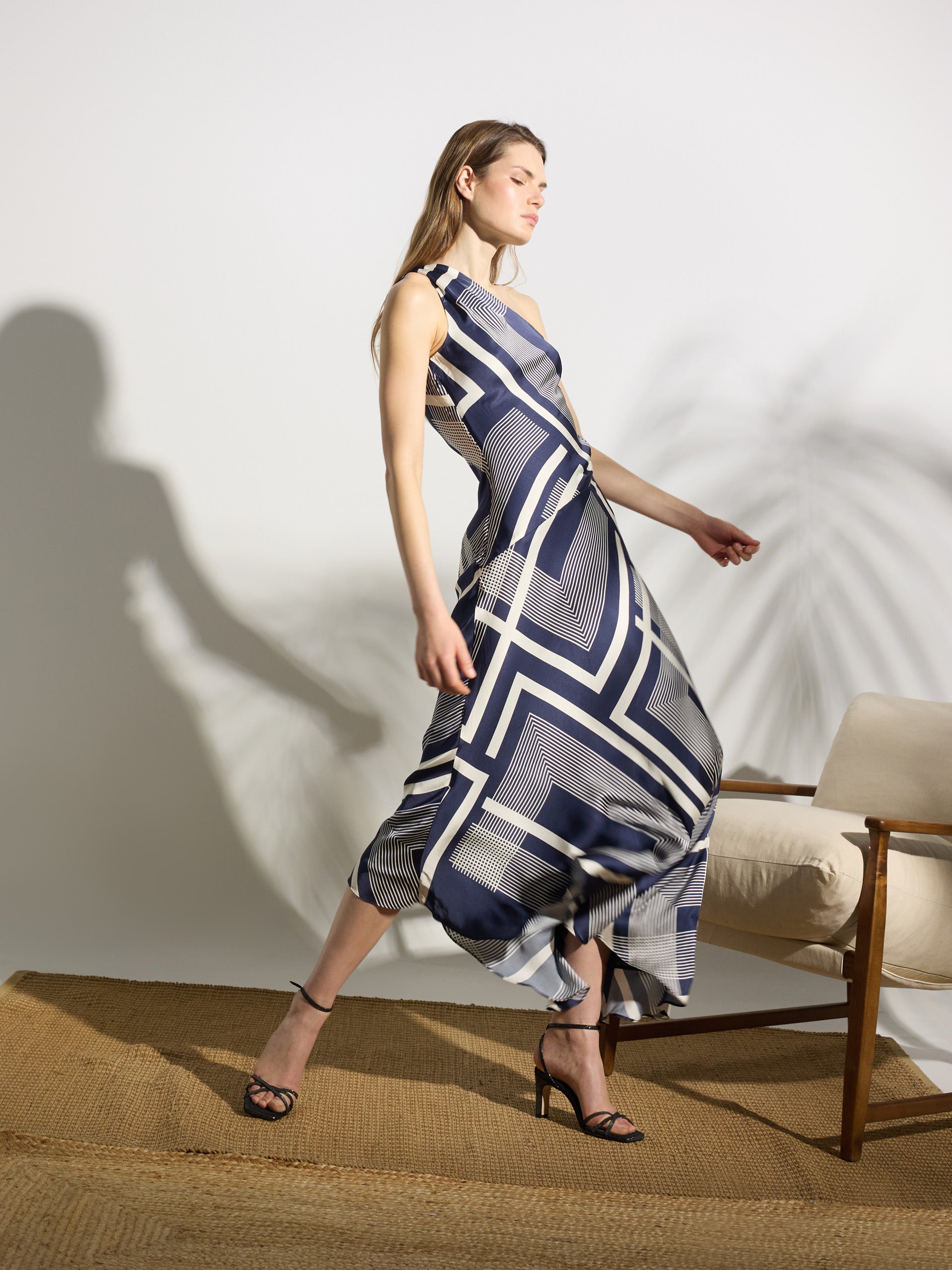 Unique asymmetric blue printed midi dress