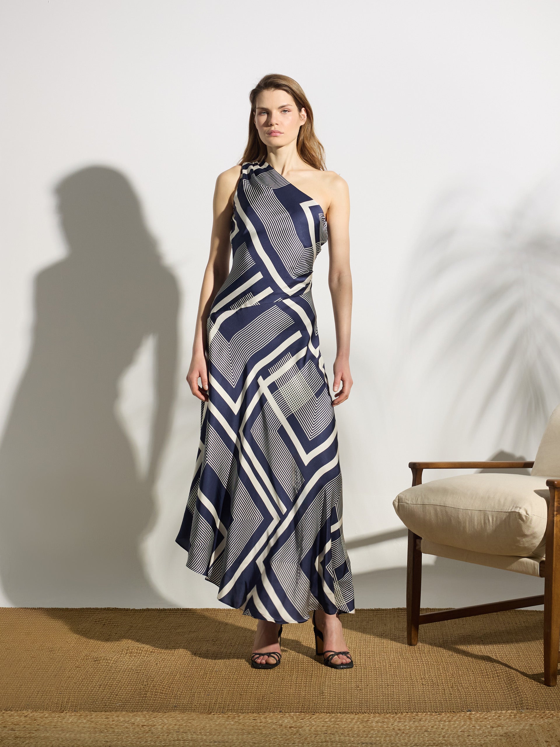 Unique asymmetric blue printed midi dress