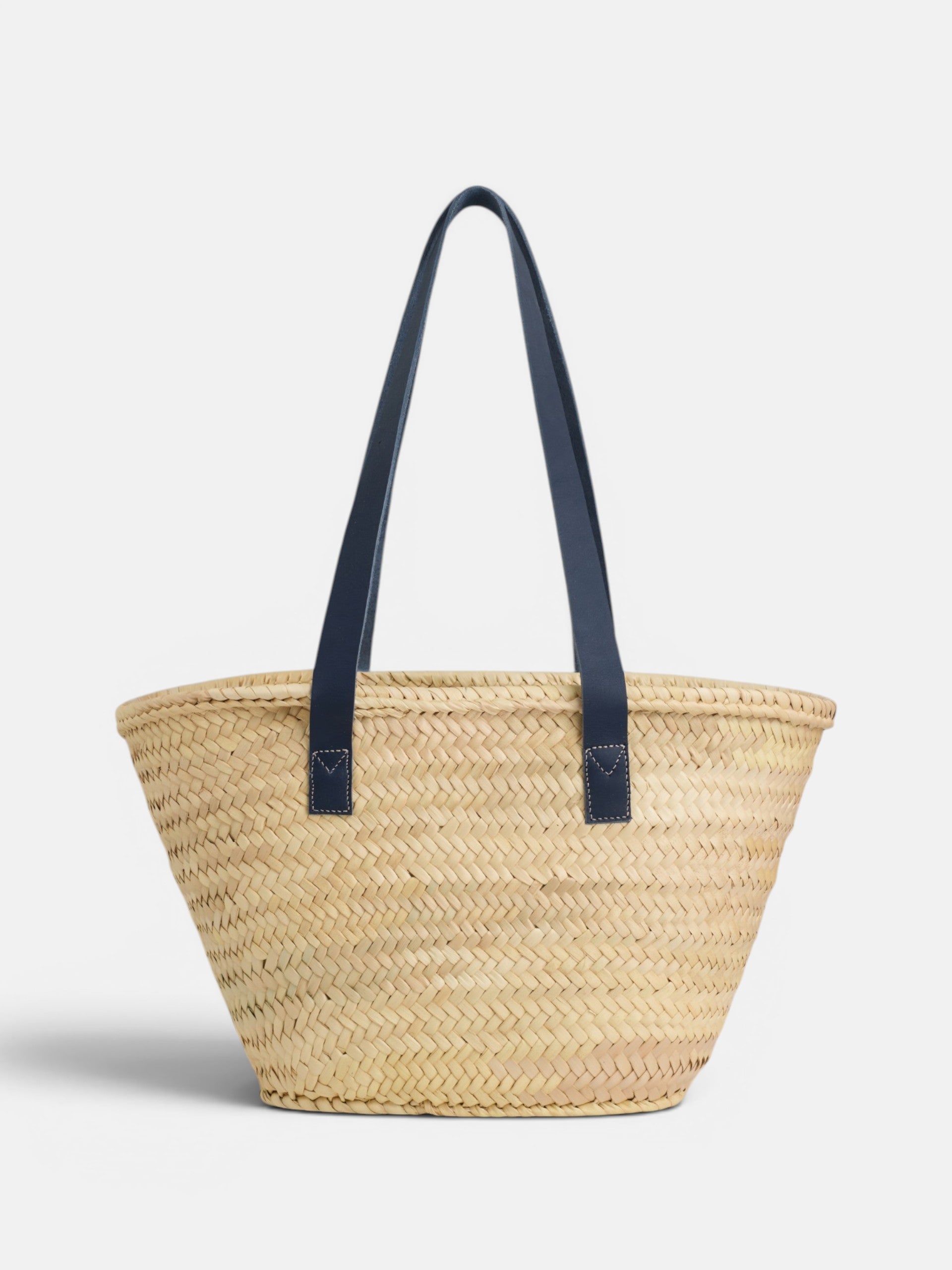 Cesto com bolso em pele rosa e azul-marinho