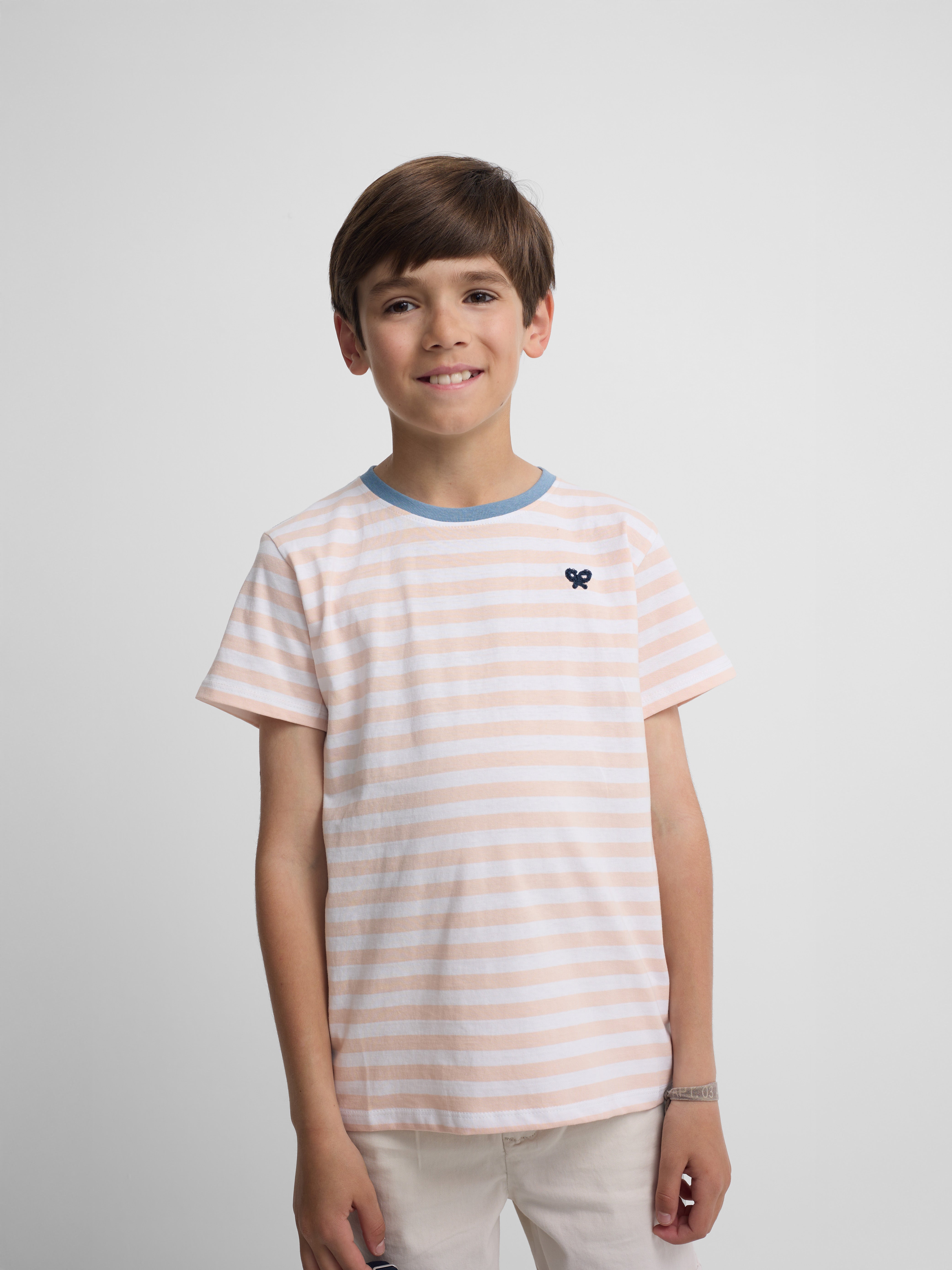 Kids' T-shirt with fine coral stripe trim