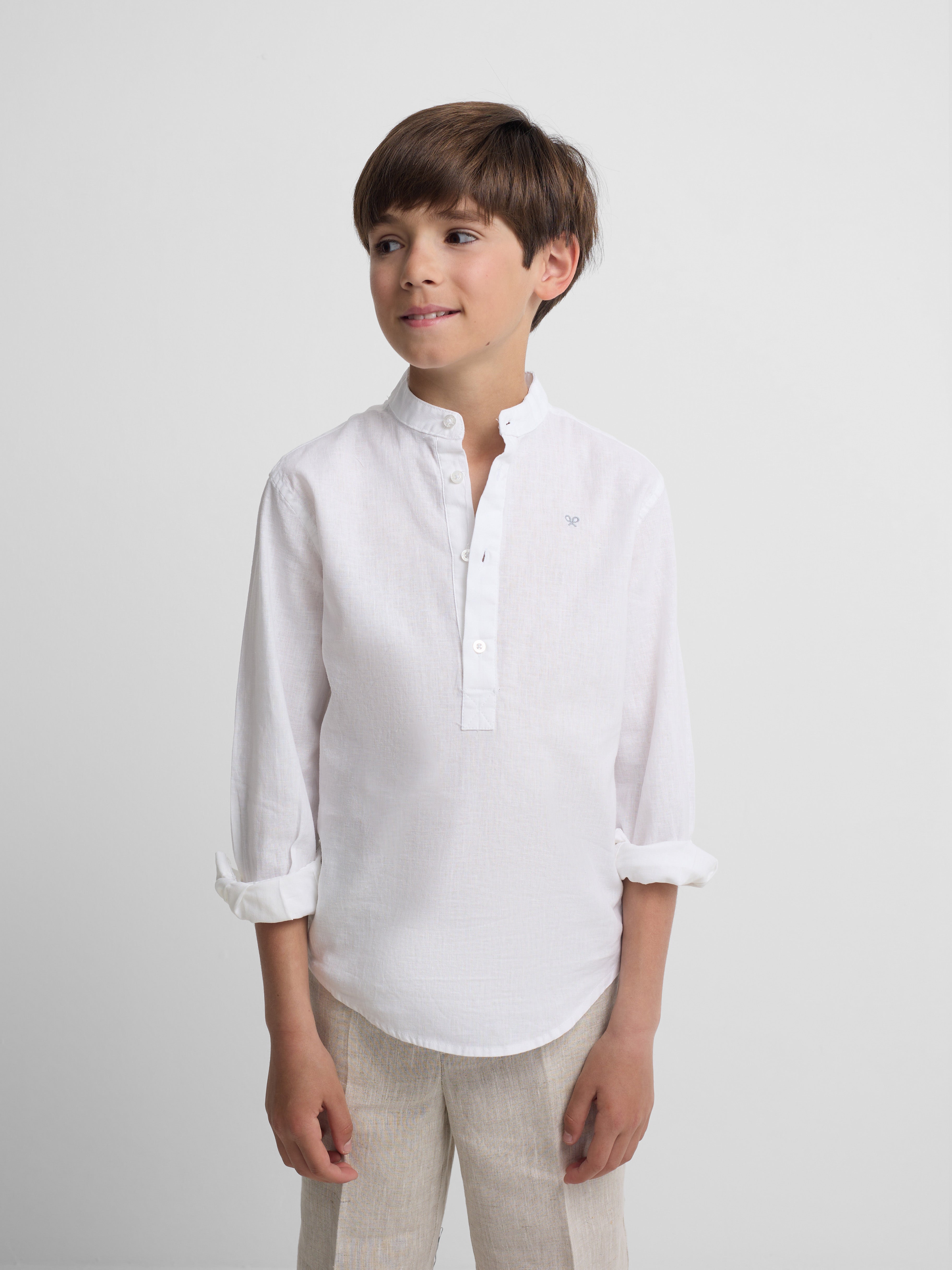 Kids' sport linen shirt with white Mao collar