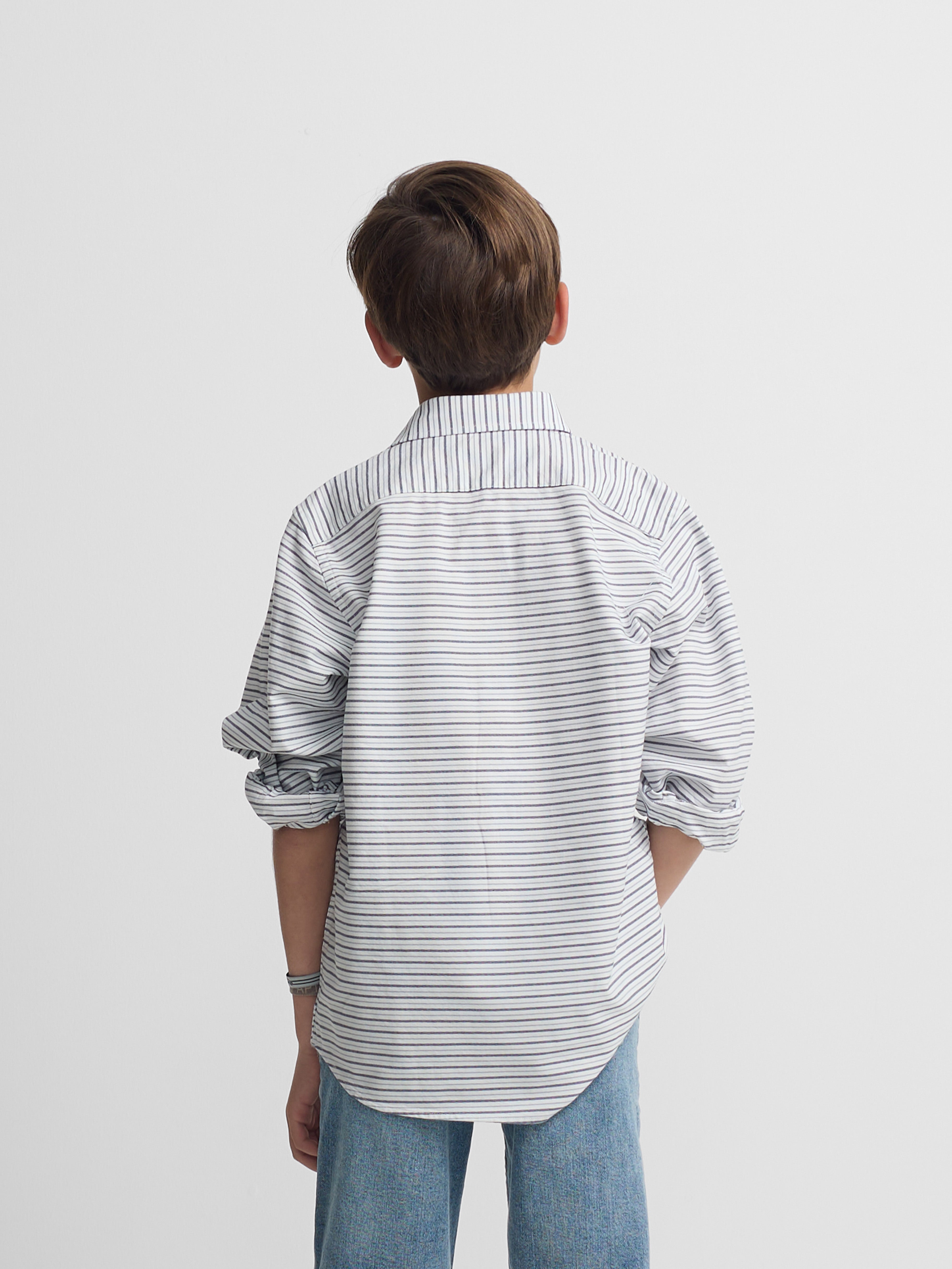Kids' sport polo shirt, oxford cream and navy blue stripe