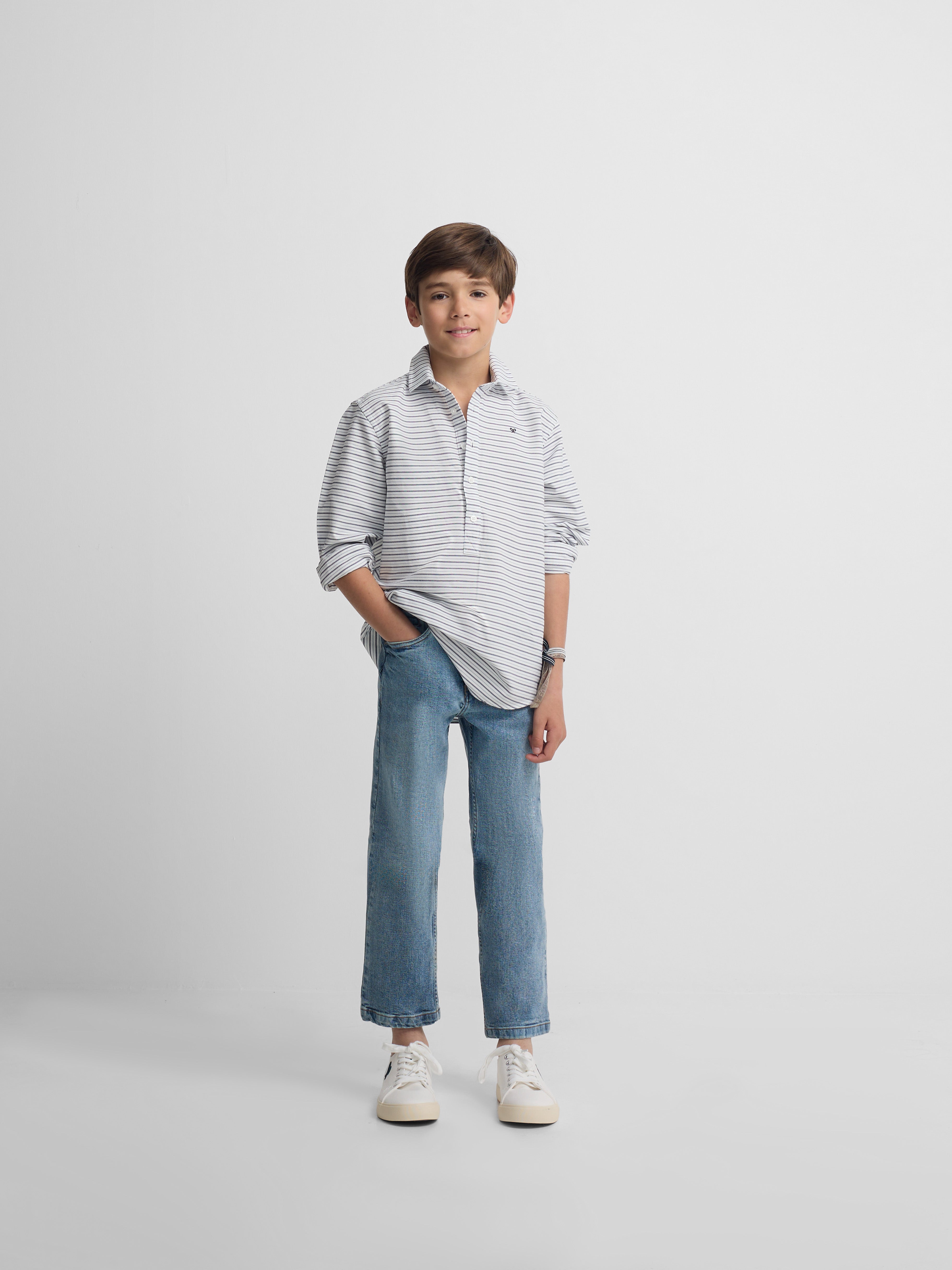 Kids' sport polo shirt, oxford cream and navy blue stripe