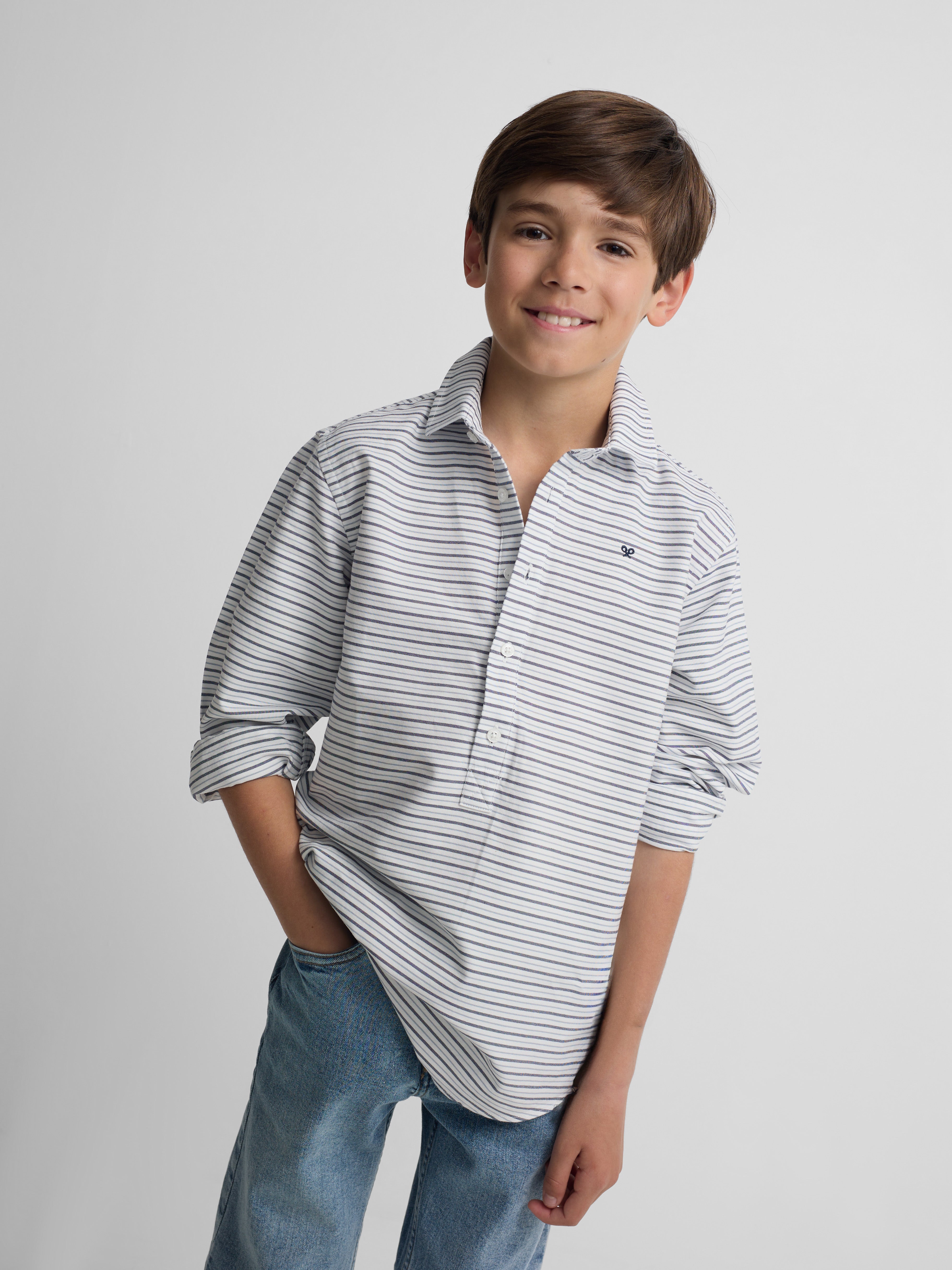 Kids' sport polo shirt, oxford cream and navy blue stripe