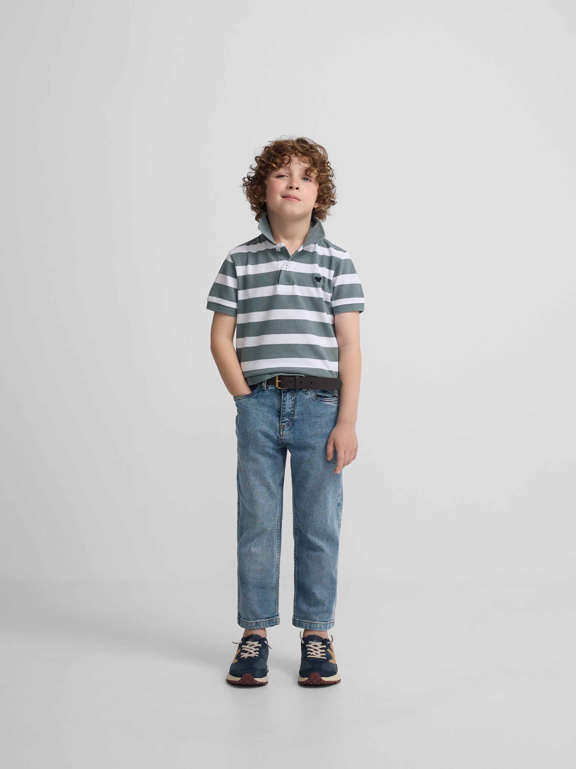 Polo enfant à rayures blanc et vert